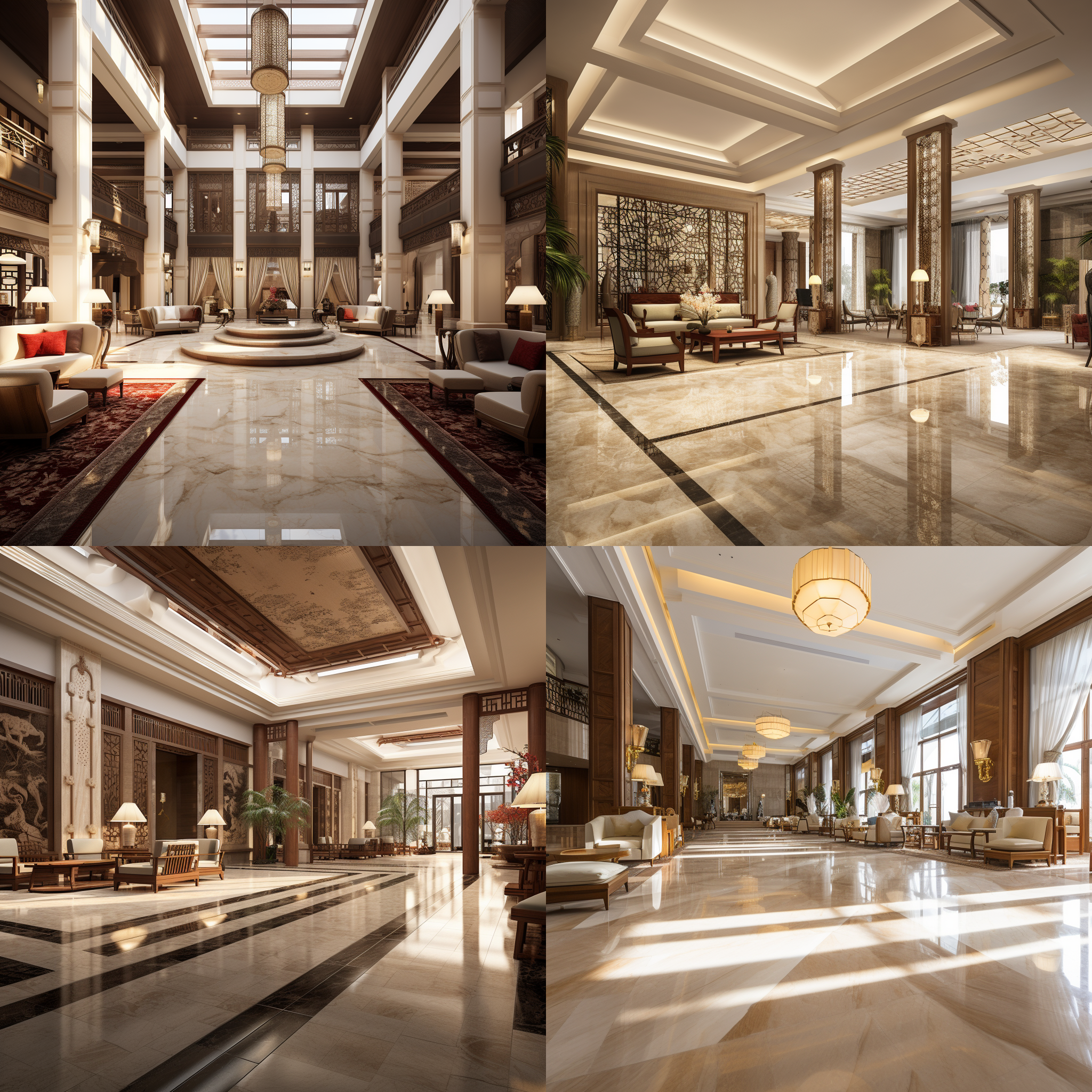 室内酒店装修图，藏式风格，浅色调，大理石地板，木质家具，低饱和度，广角镜头，高对比度，柔光灯，明亮，舒适，温馨，雅致。