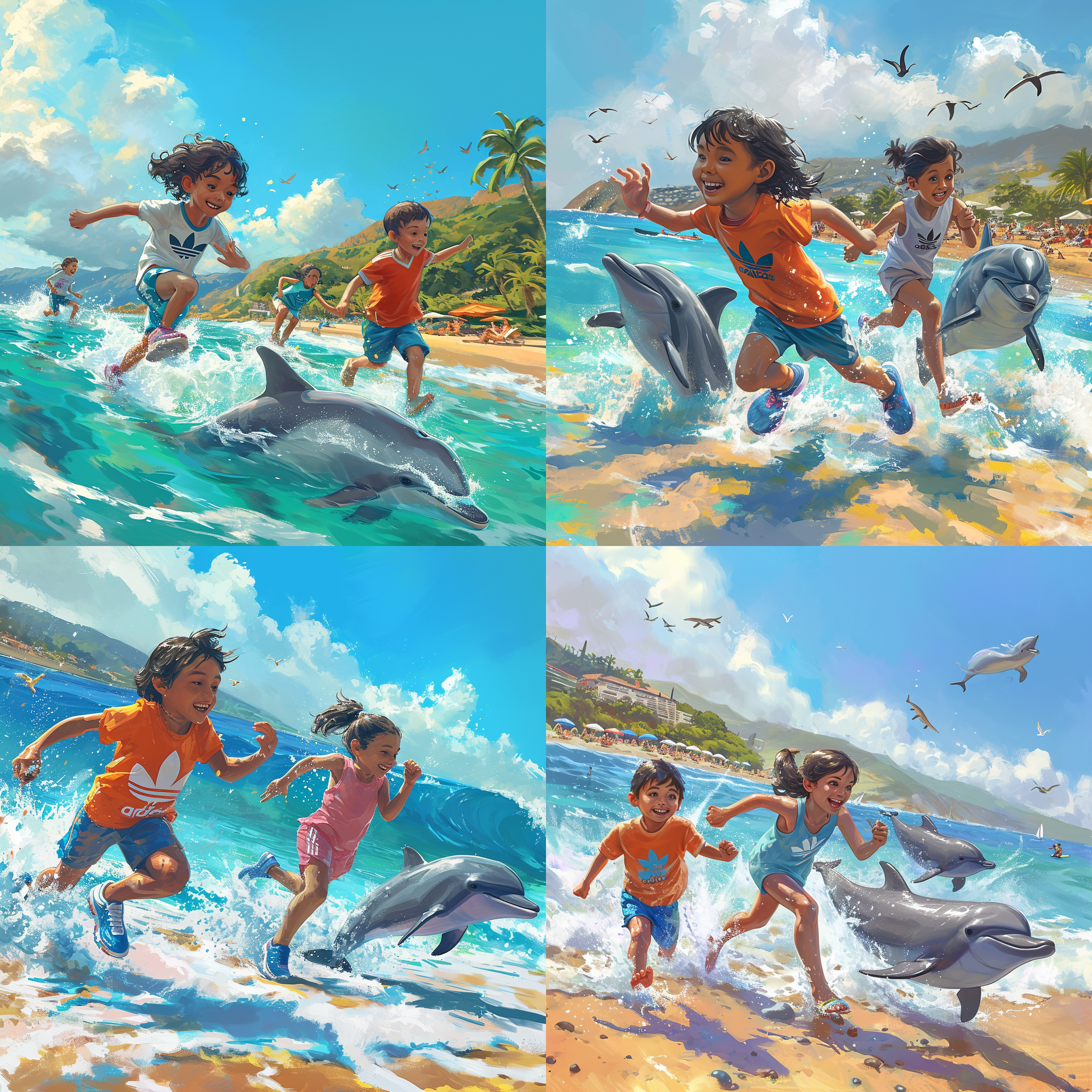 海边儿童穿着阿迪达斯跑鞋，局部放大展现logo，与海豚一同欢乐奔跑。充满活力的场景中，快乐的氛围以cg手绘风格呈现。