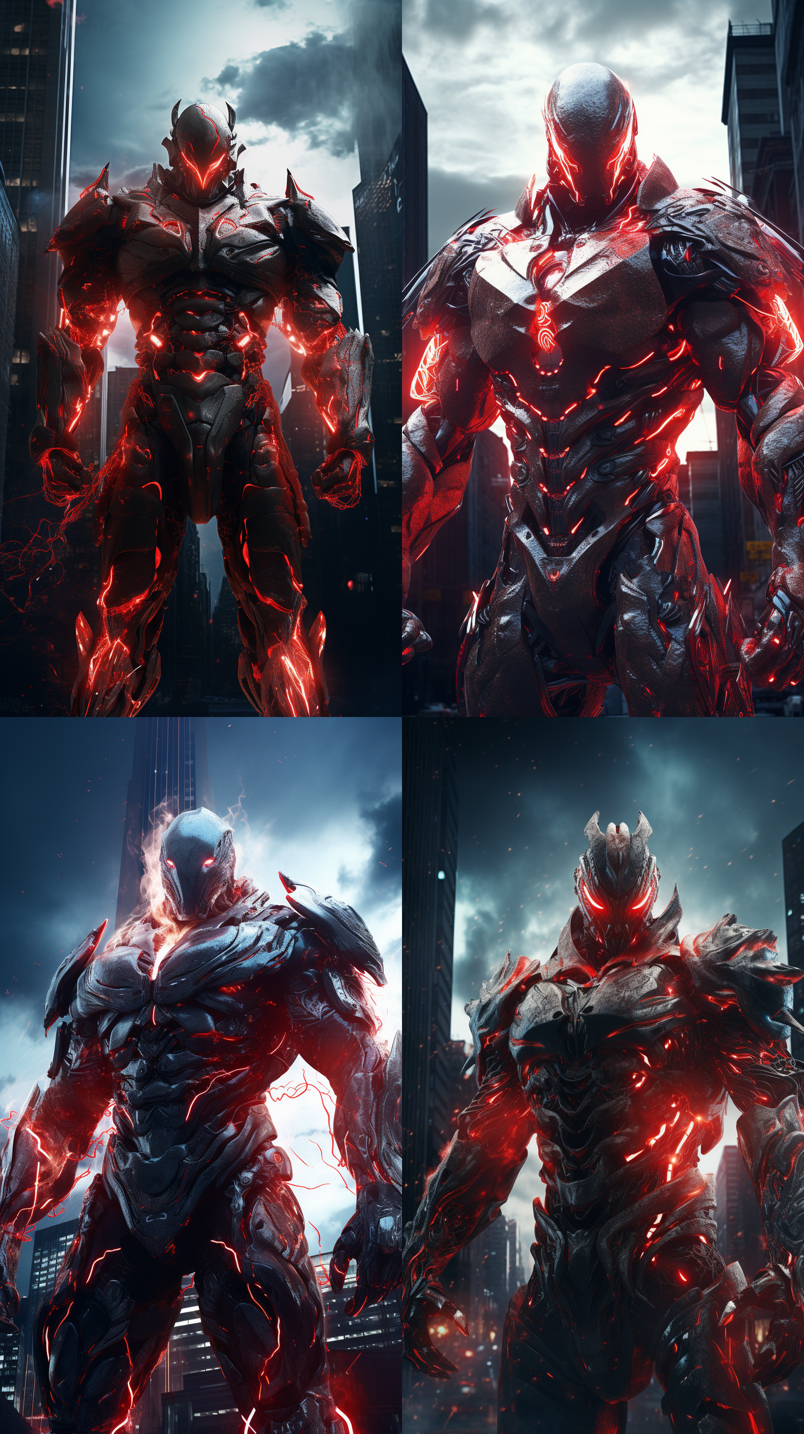 城市背景，科幻科技机甲战神站在城市上，线条纹理，眼睛冒着红光，身体裹着闪电，赛博朋克风格，c4d 渲染，超现实主义，广角，电影照明，超高清，32k