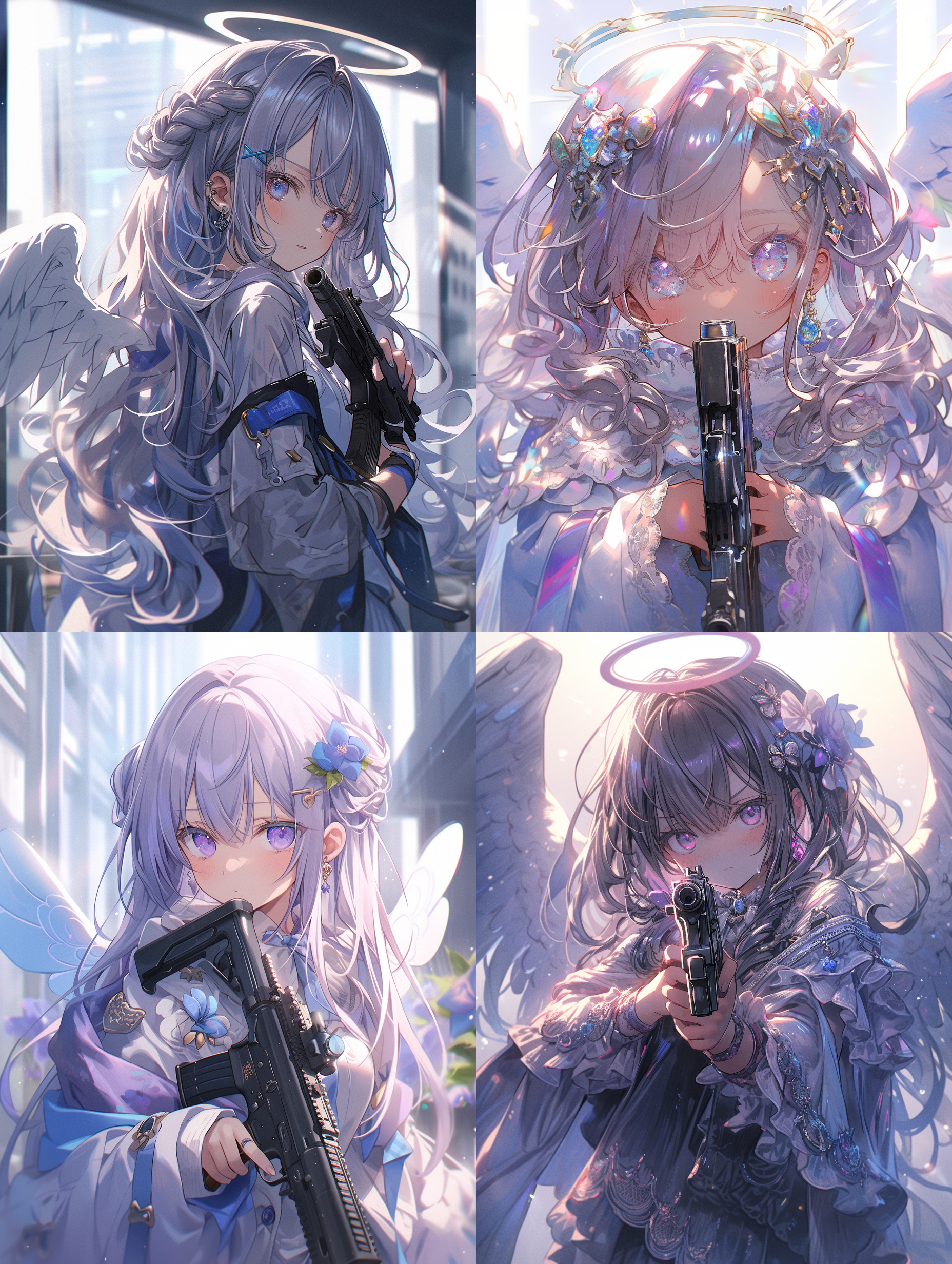 持枪天使，她有天使光环，她背后有紫水晶光翼，穿着琉璃色纱裙，二次元插画，高清图片质量，虚幻引擎渲染。