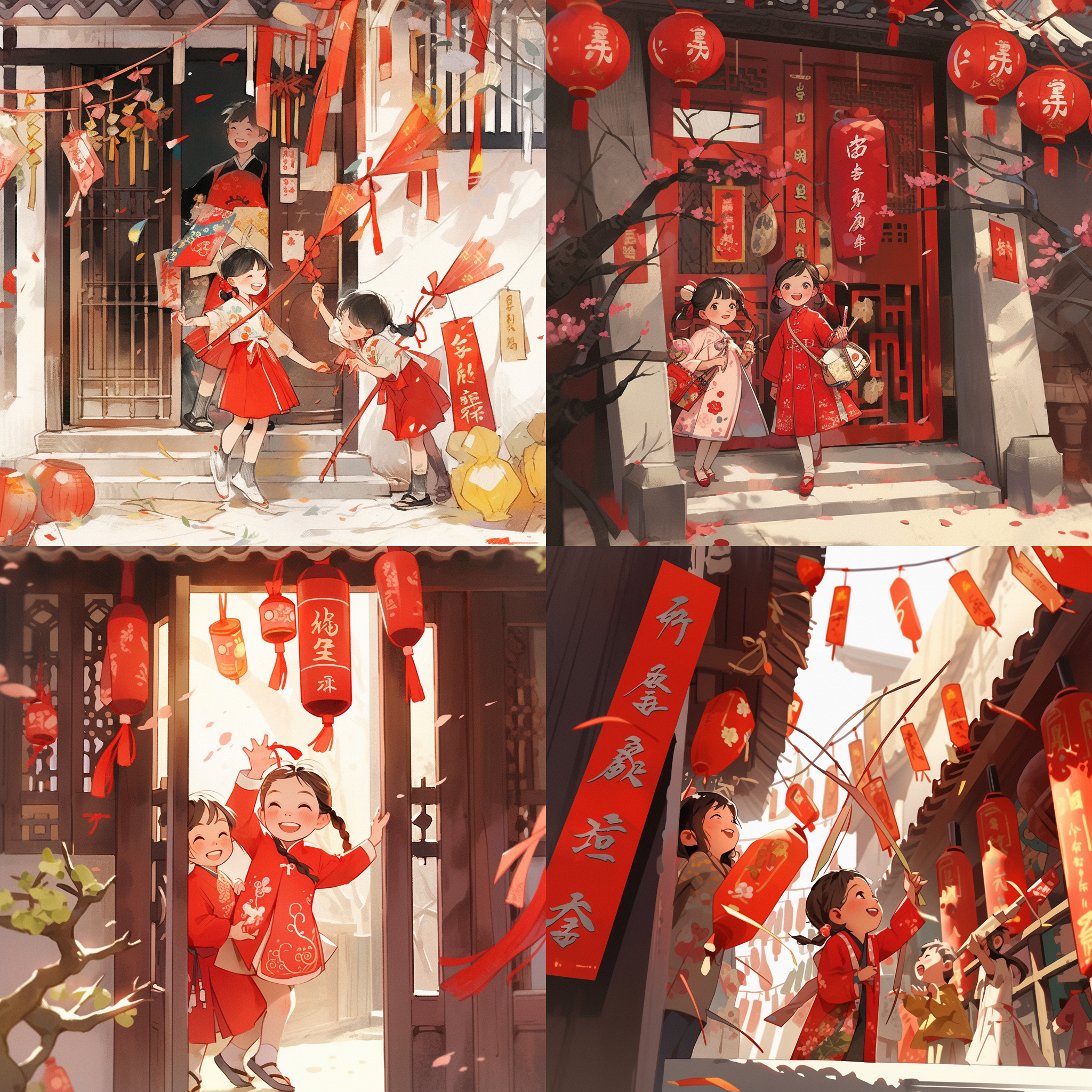 春节到了，小孩子在门口放鞭炮贴对联