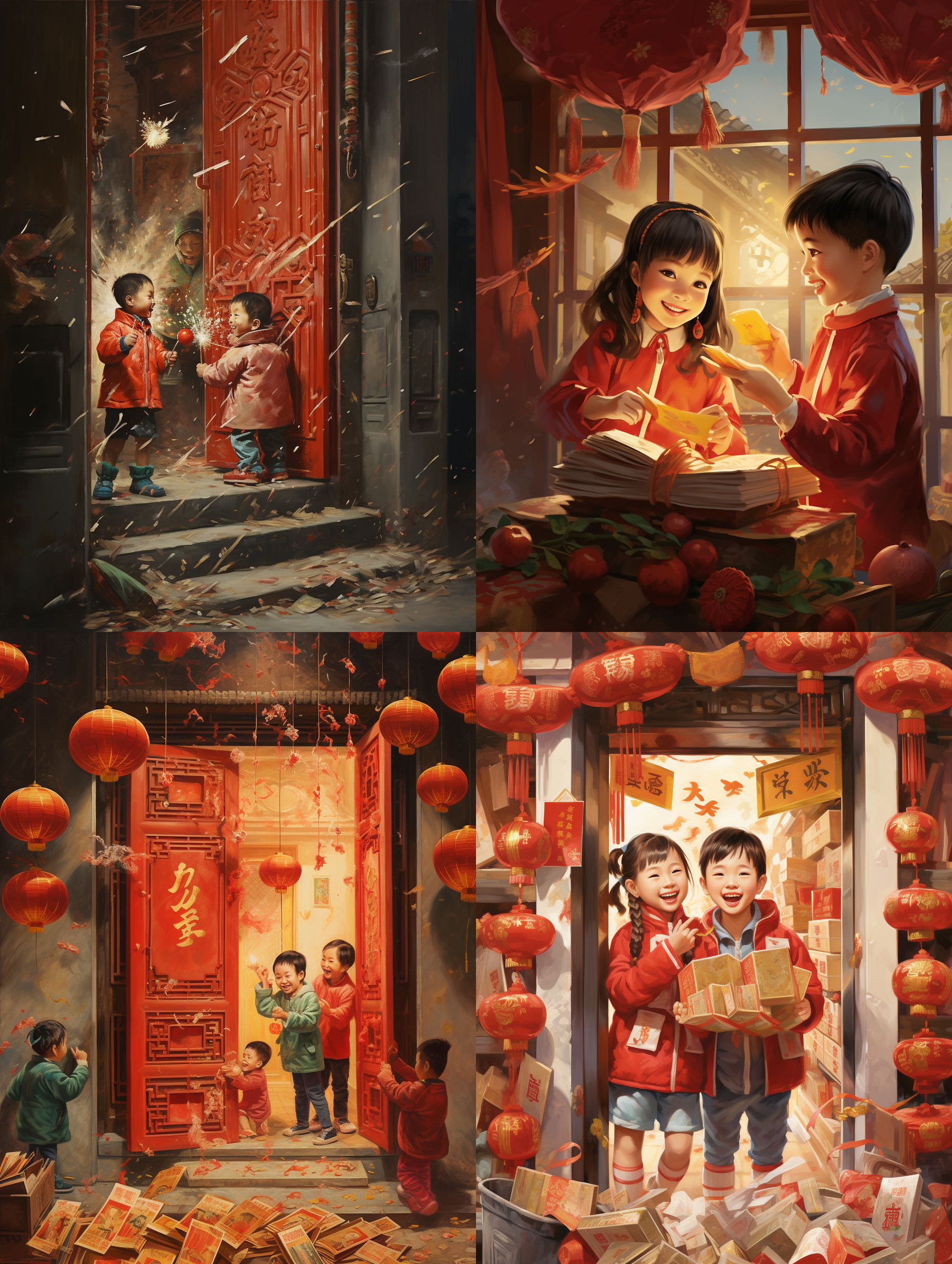 春节到了，小孩子在门口放鞭炮贴对联