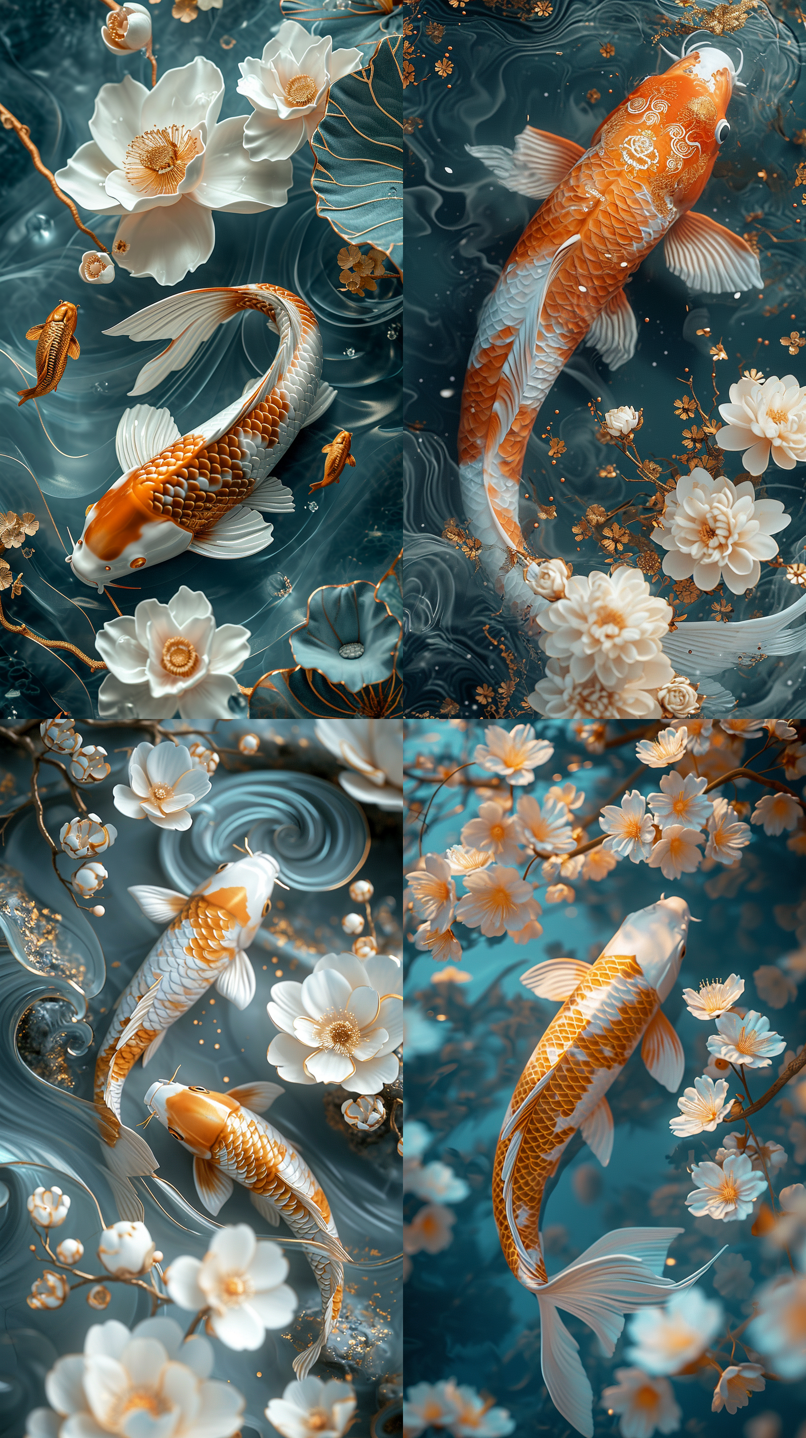 金色锦鲤和花朵 浅白色和深蓝色 特写 柔和照明 超高细节 景泰蓝主义 以浅绿松石和金色的风格 无人机视角 花朵盛开 吉田昭彦 c4d oc渲染