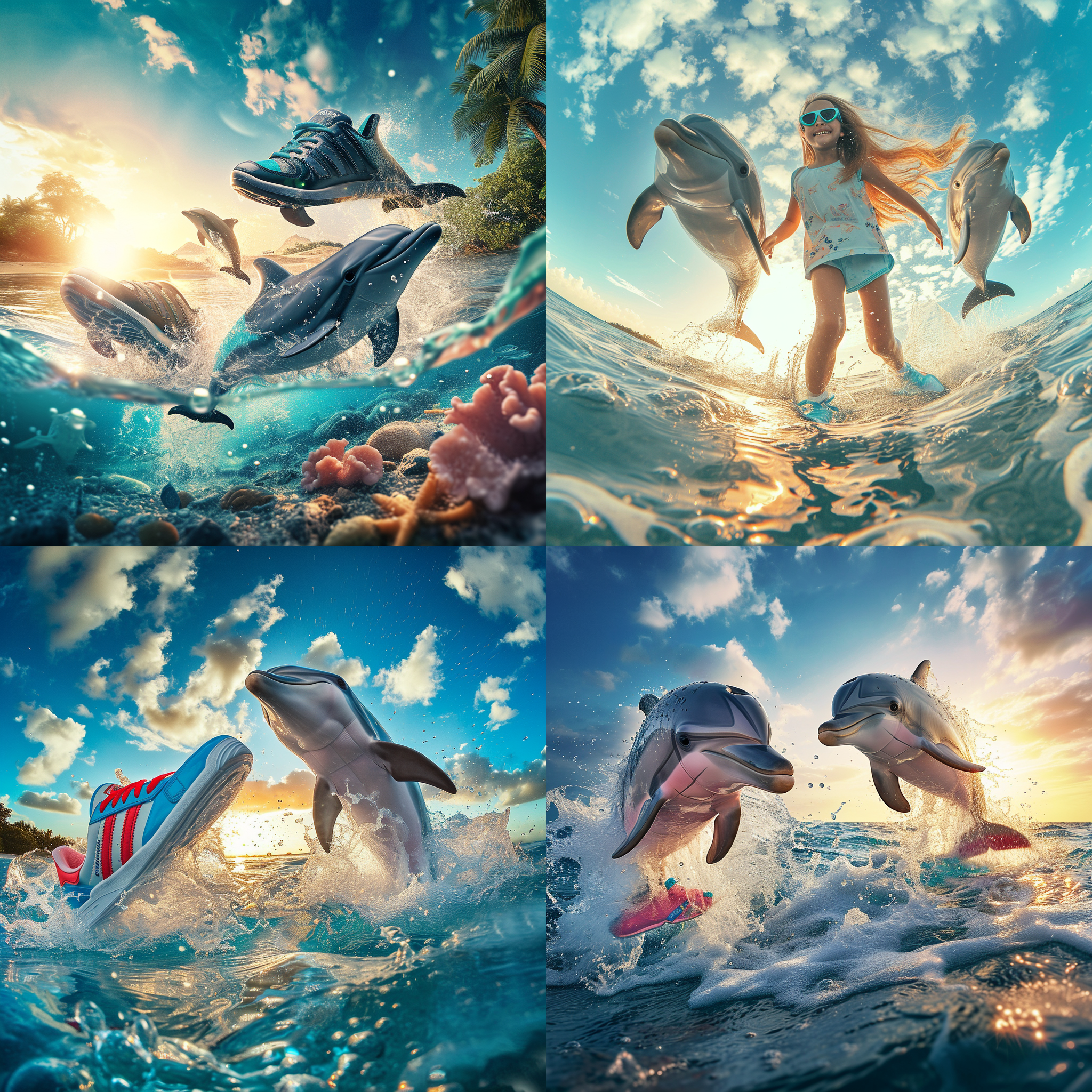 阿迪达斯儿童运动鞋梦幻照片，海豚在温暖的海洋中欢快跃起。构图对角线布局，使用鱼眼镜头，色彩鲜艳，光线柔和，动作生动，表情愉悦，充满活力、喜悦与冒险的氛围。