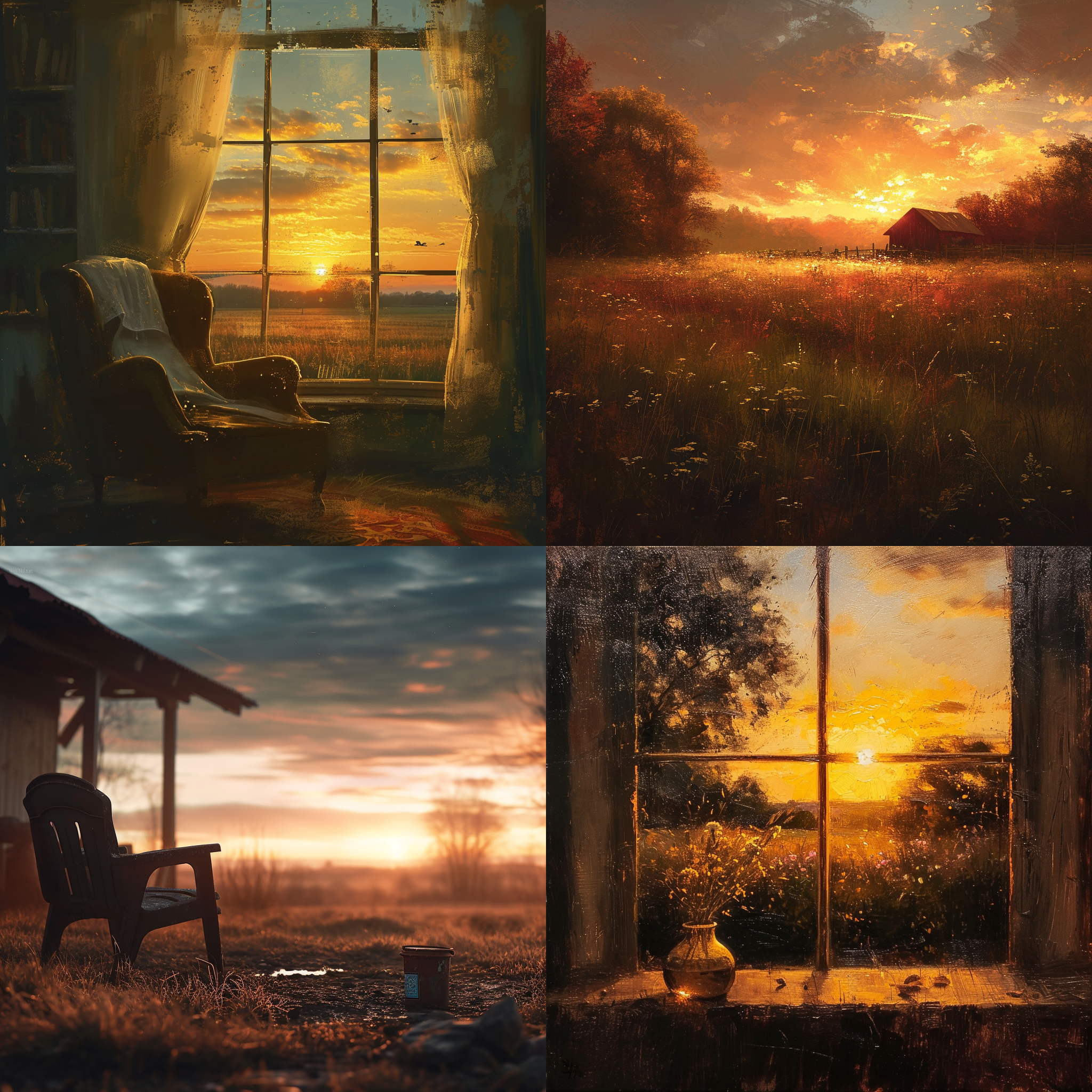 乡村老家夕阳黄昏下的惬意，微香带点淡淡的醉意，沉浸式的回忆人生顾往。油画风格，大范围景深，金色光线，温暖色调，长焦镜头，静态，坐着，怀旧情绪。