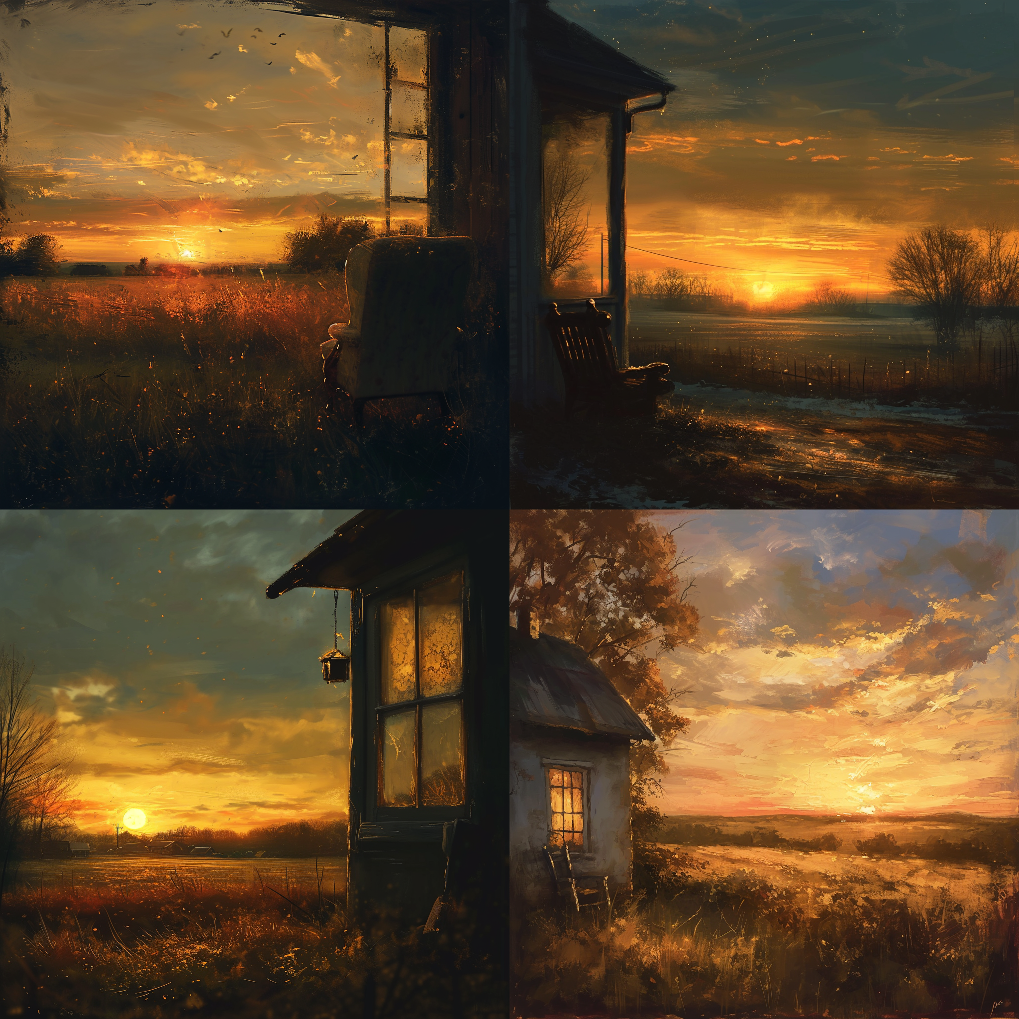 乡村老家夕阳黄昏下的惬意，微香带点淡淡的醉意，沉浸式的回忆人生顾往。油画风格，大范围景深，金色光线，温暖色调，长焦镜头，静态，坐着，怀旧情绪。