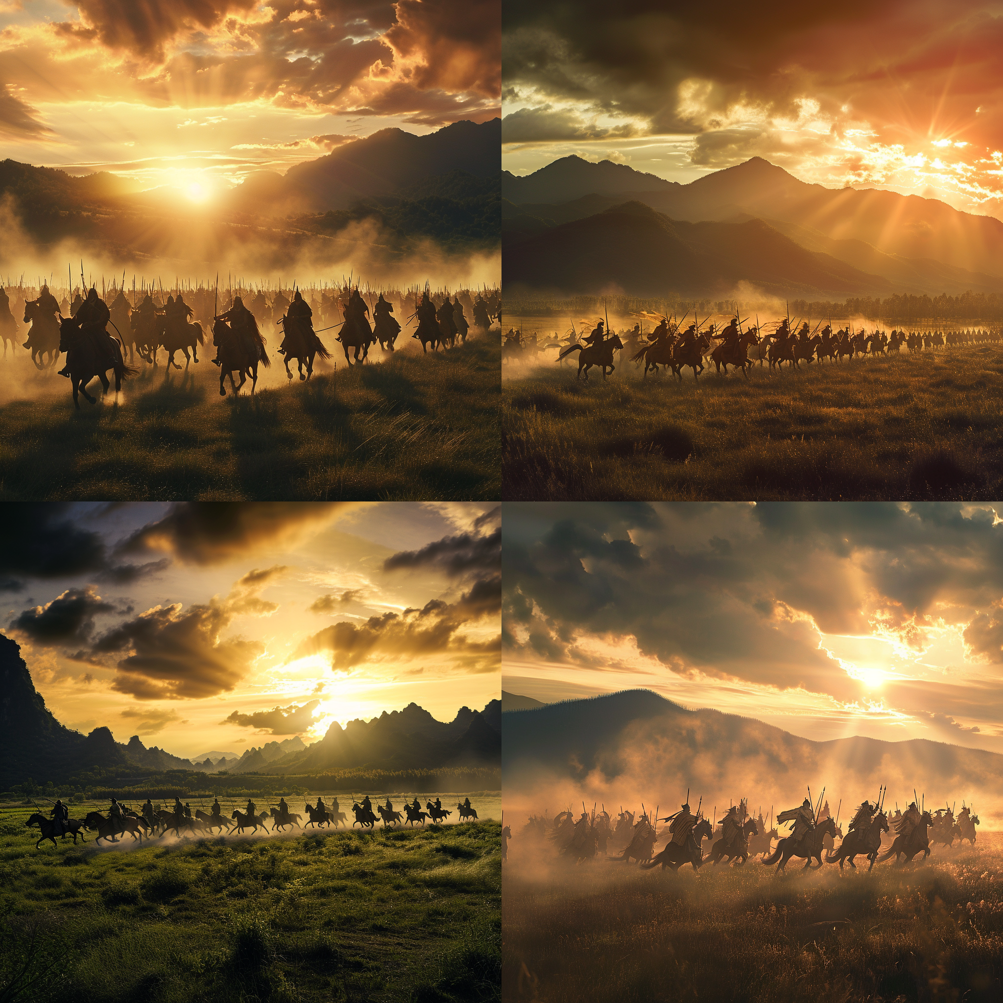 中国古代骑兵，夕阳下的壮丽场景。一群骑兵呈v字形排列，背景是广袤的草原和苍翠的山脉。镜头使用长焦距，突出骑兵的力量感。阳光透过云层洒在他们身上，创造出戏剧性的对比。骑兵们挥舞着长矛，速度惊人。画面中强烈的对比色彩，表达了壮丽与豪迈的情感。