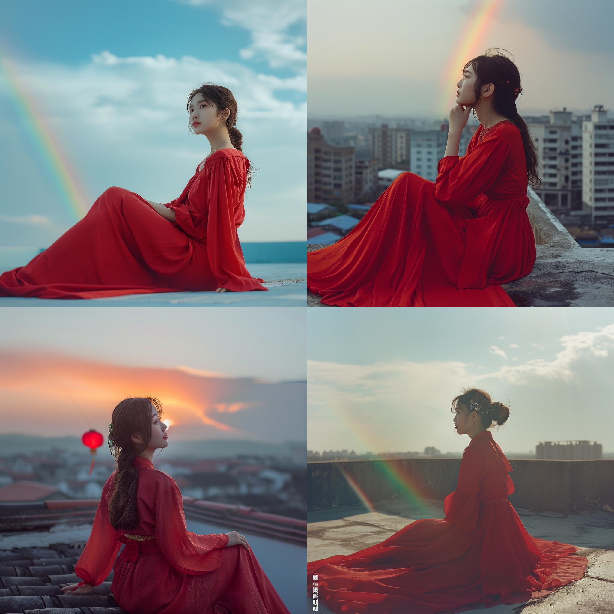 一个充满气质的中国女生，穿着红色的长裙，坐在慵懒的天台，天空挂着一圈淡淡的彩虹，摄影风格，美食，相机45度角，高清