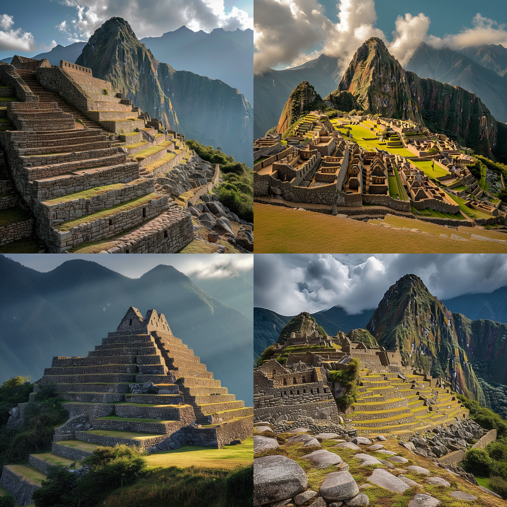 印加金字塔，巍峨壮丽，层层叠叠，环绕着群山。清晨的阳光照耀下，金字塔上的石块闪烁着神秘的光芒。广角镜头捕捉到了整个景观，呈现出壮观的尺度。建筑的几何形状与周围自然环境相得益彰，色彩鲜艳而浓烈，带来一种神奇而震撼人心的感觉。