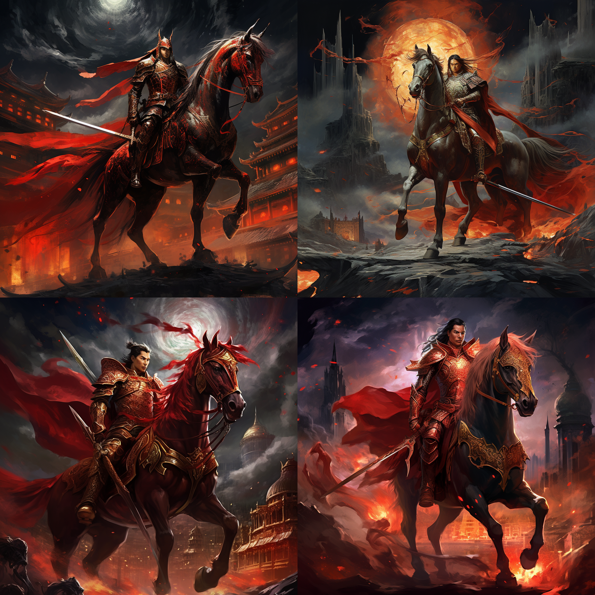中国超级战士，科幻系，手持长枪，身披红色披风，旁边站立一匹雄壮威武的战马。背景是一座古老的城堡，夜晚，有星星点缀，整体色调偏暗，突出主角神秘感和力量。