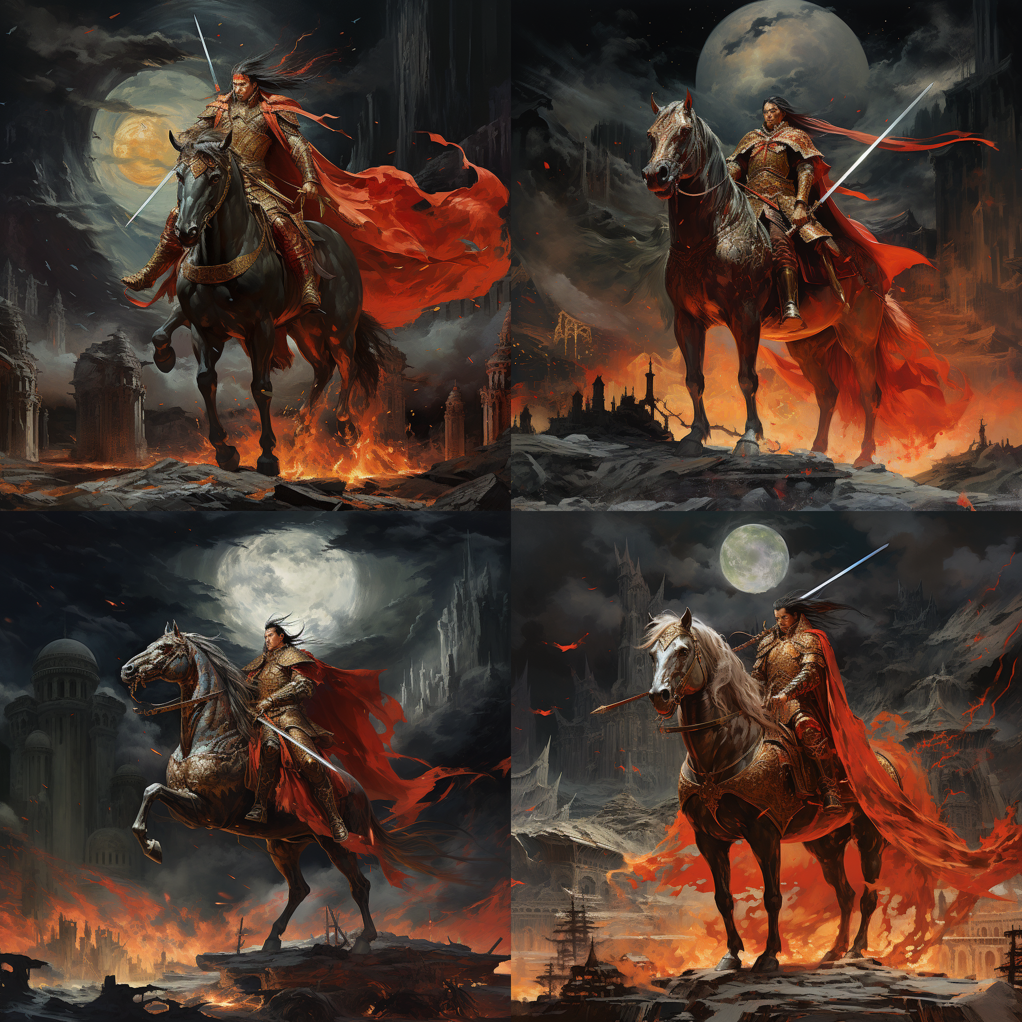 中国超级战士，科幻系，手持长枪，身披红色披风，旁边站立一匹雄壮威武的战马。背景是一座古老的城堡，夜晚，有星星点缀，整体色调偏暗，突出主角神秘感和力量。