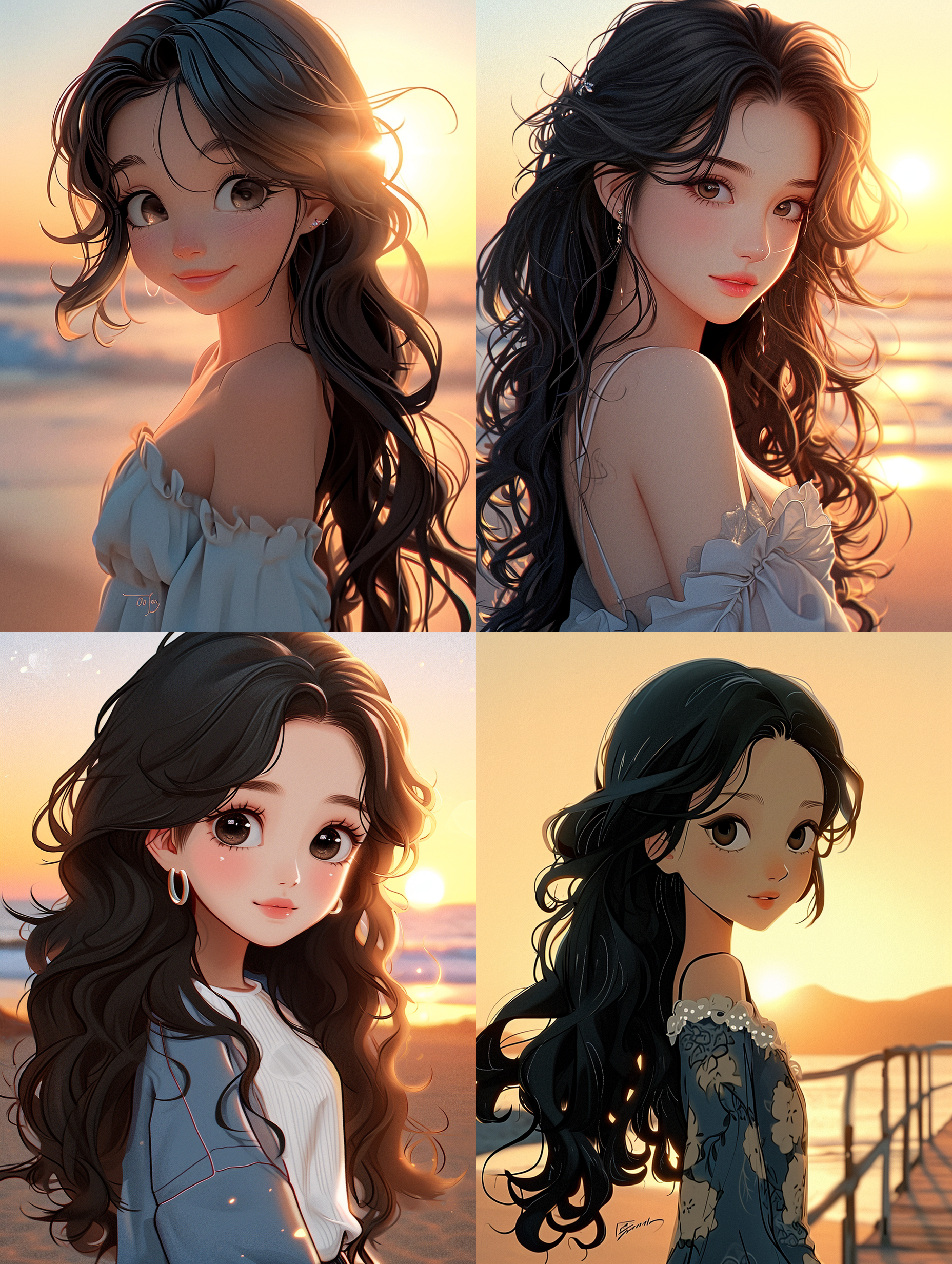 由图生图产生的卡通可爱的中国女孩，黑色长发，卷发，圆脸，背影，海边，落日，风， 优雅，身材饱满高挑，脸部细节，摄影写真，超清渲染