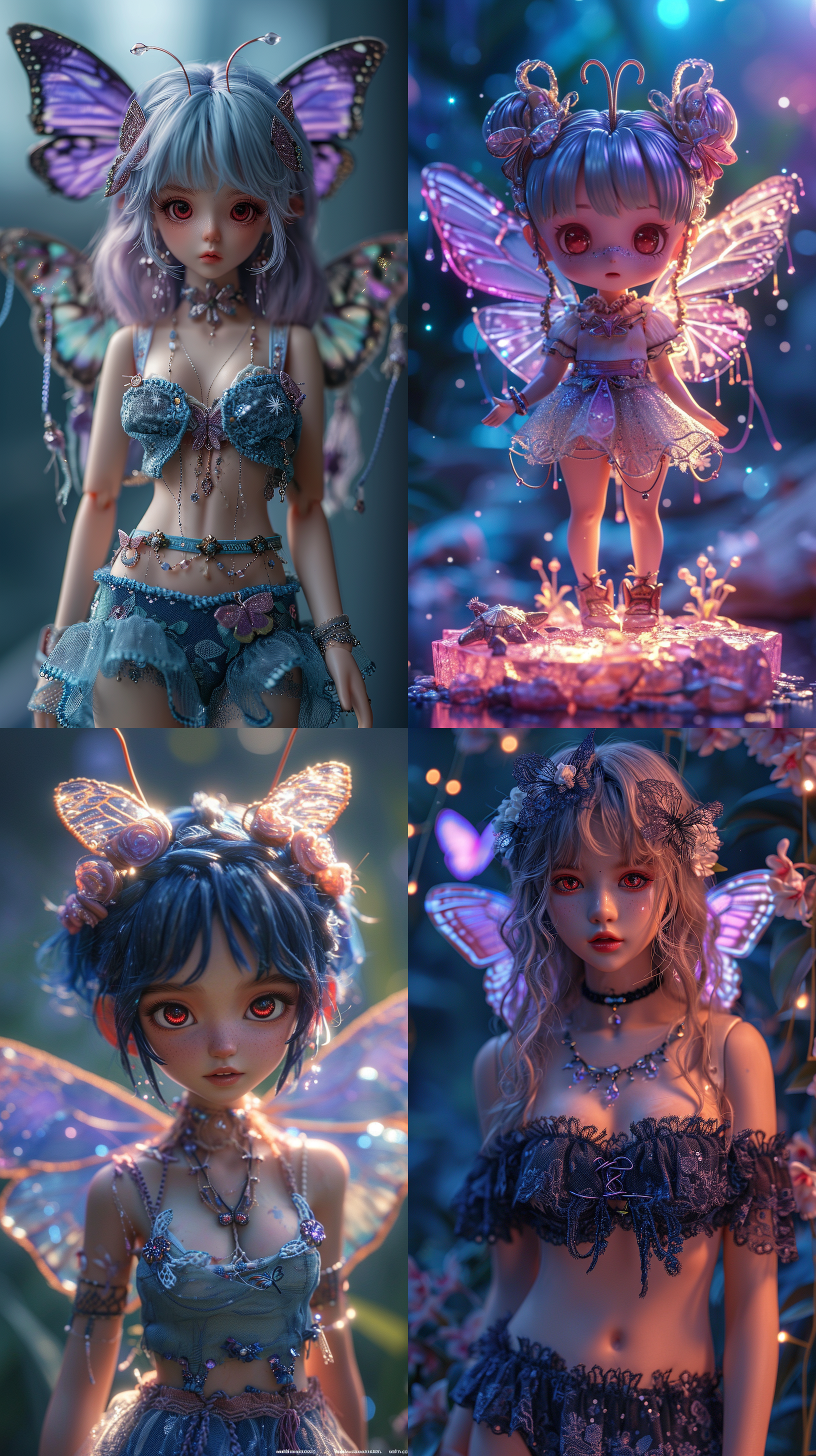 全身，摄影棚背景，可爱女孩，她有红色眼睛，她背后有紫色蝴蝶翅膀，穿着琉璃色纱裙，衣服是刺绣材料，毛绒娃娃的艺术风格，流行盲盒，娃娃是明亮的粘土材料，3d，oc渲染，全息，3d，blander，4k，超质量，高细节，高分辨率