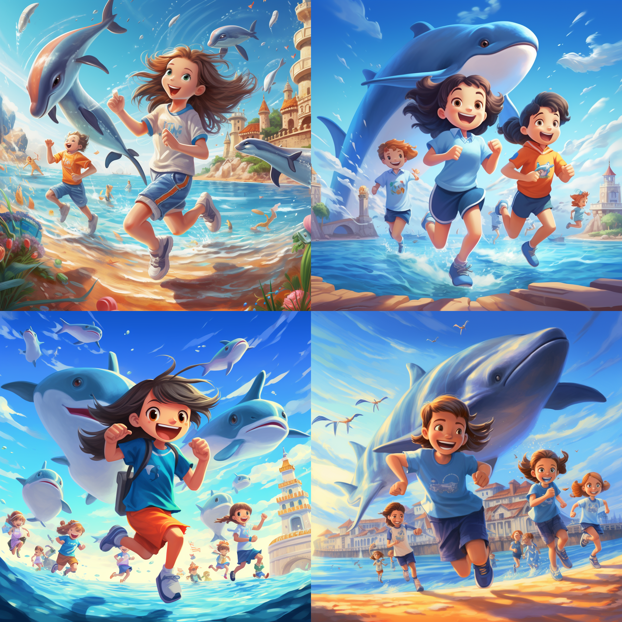 海边儿童穿着阿迪达斯跑鞋，局部放大展现logo，与海豚一同欢乐奔跑。充满活力的场景中，快乐的氛围以cg手绘风格呈现。
