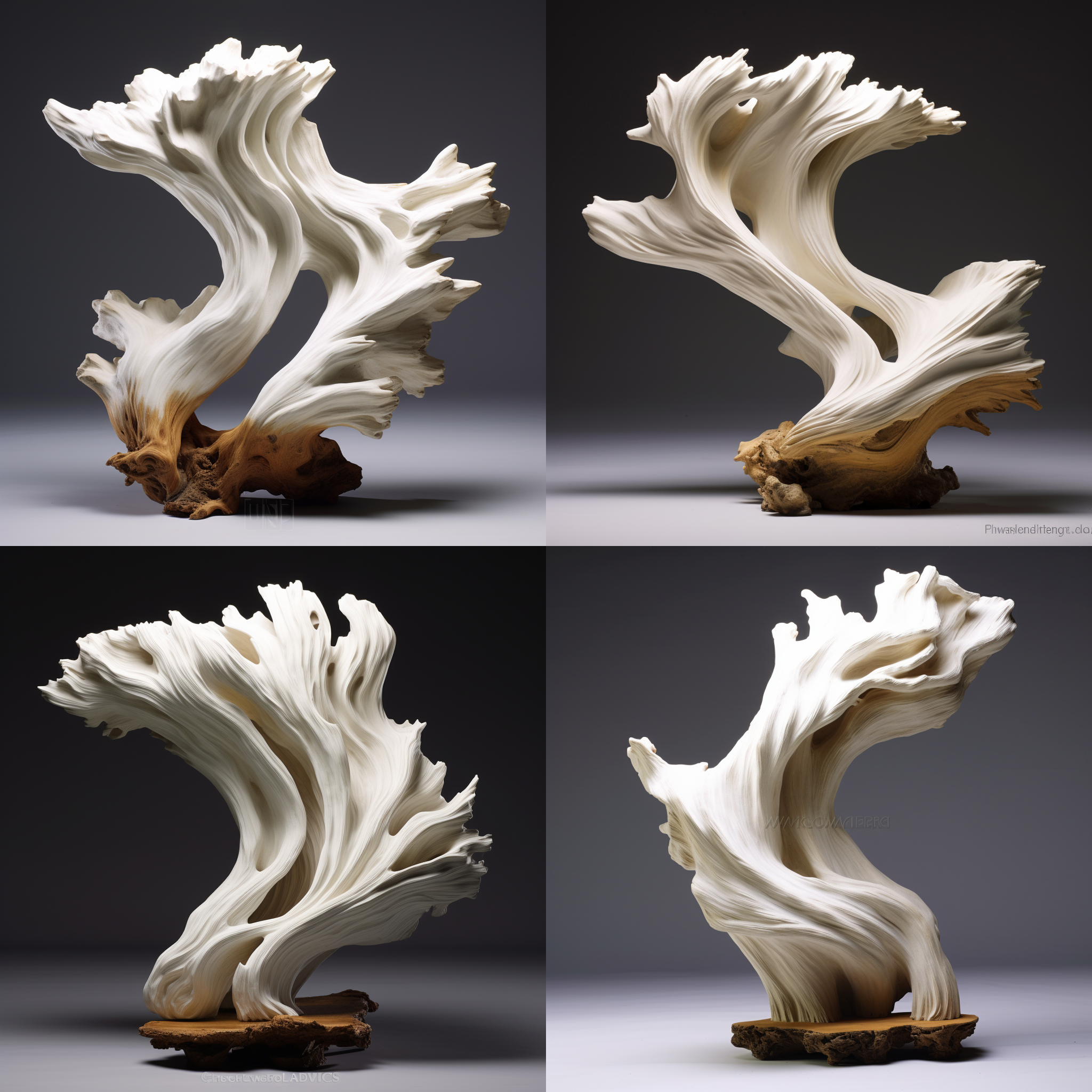 白色雕塑,結合松樹幹的造型,抽象的,高度70公分,寬度90公分