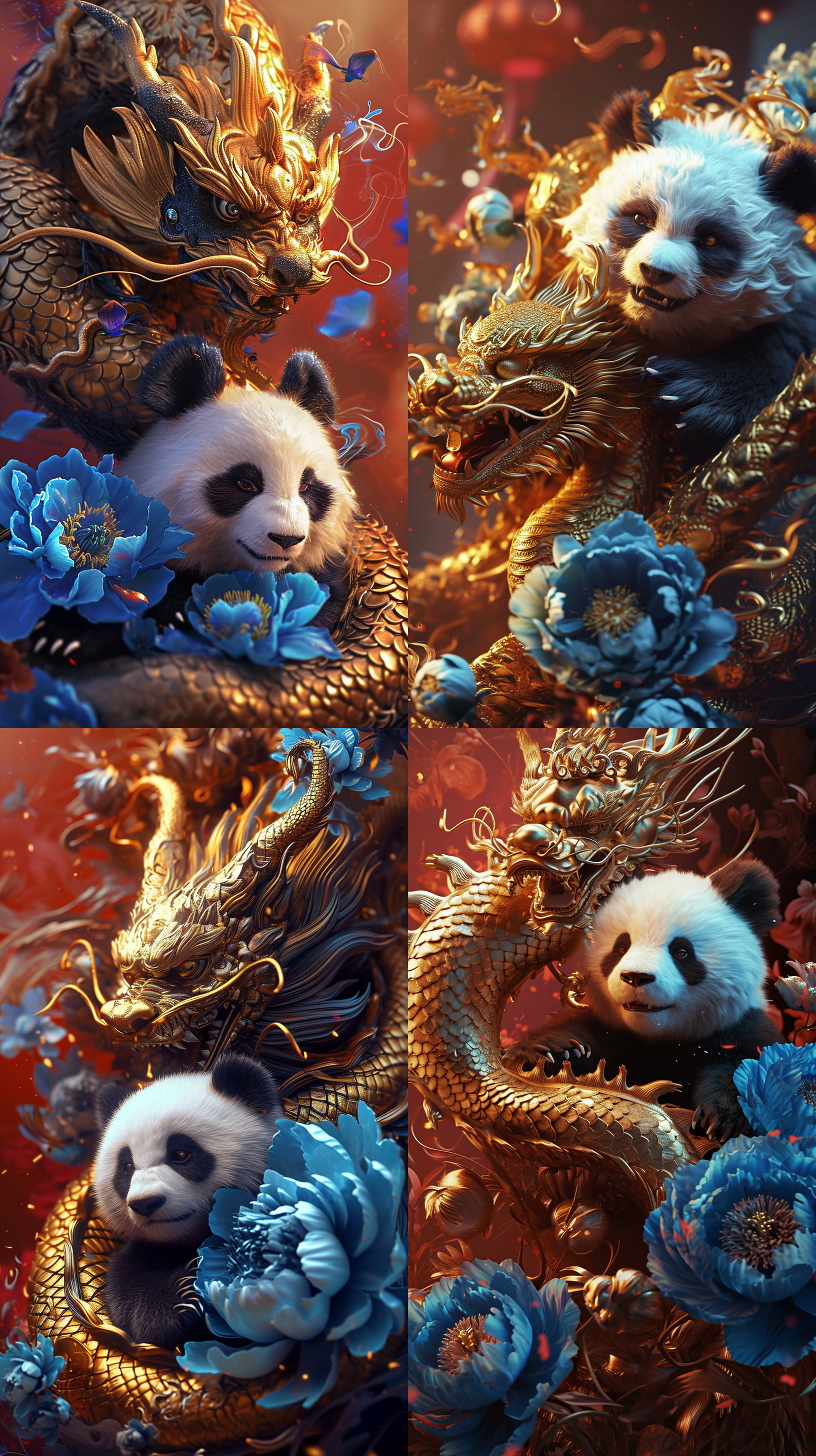 一条中国龙和一只熊猫，金色和黑色的龙身，笑容满面，生动细腻，毛发真实，3d立体，蓝色牡丹花，中国红色背景，对比鲜明，光学耀斑炫目。宽广构图，明亮柔和的光线，长镜头，层次感丰富。华丽神秘，力量自信，骄傲震撼。浓烈壮观，雄伟激情庄重。