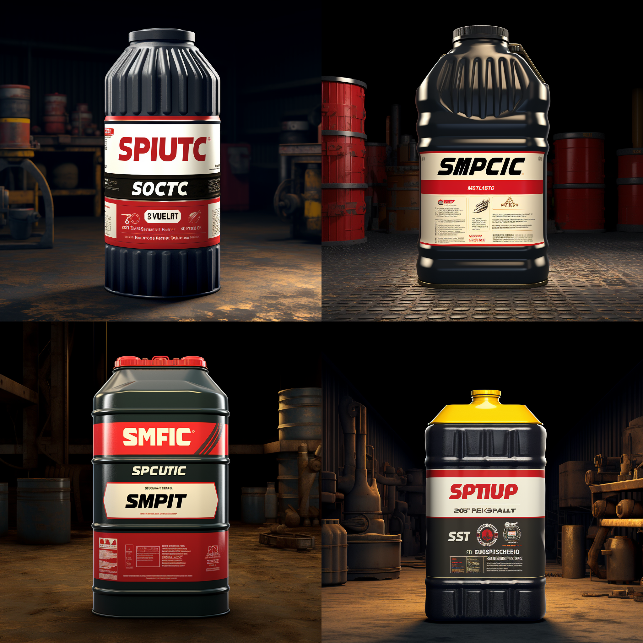 机油桶位于一个宽敞、明亮的车间中，周围有其他汽车零件和工具。桶上的标签清晰可见，显示着品牌和规格。逼真的细节和纹理，极高分辨率的图像。明亮的照明营造出整个场景的专业氛围。机油桶放在一个合适的位置，突出其重要性和功能。