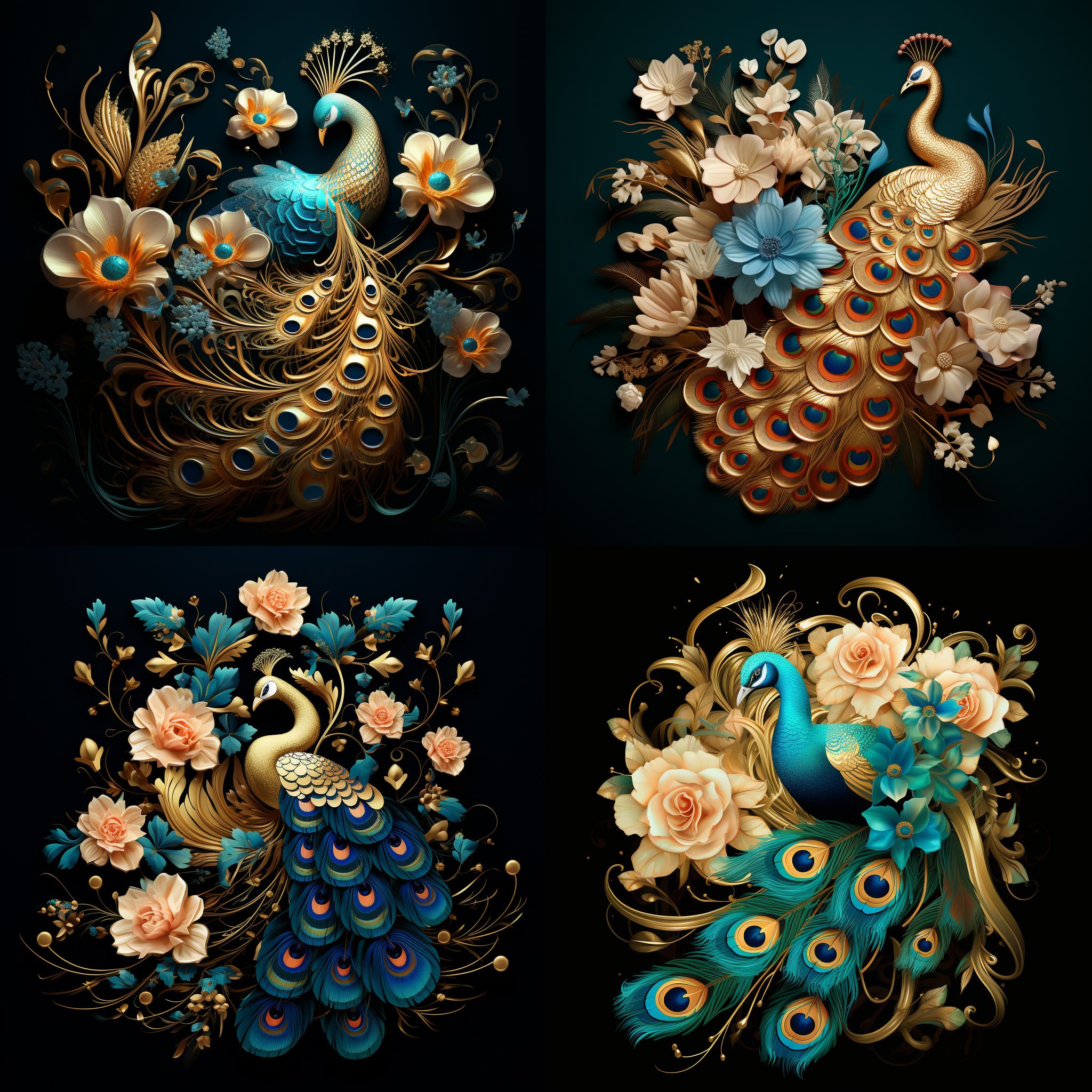 孔雀 花海 金色主题 深色背景