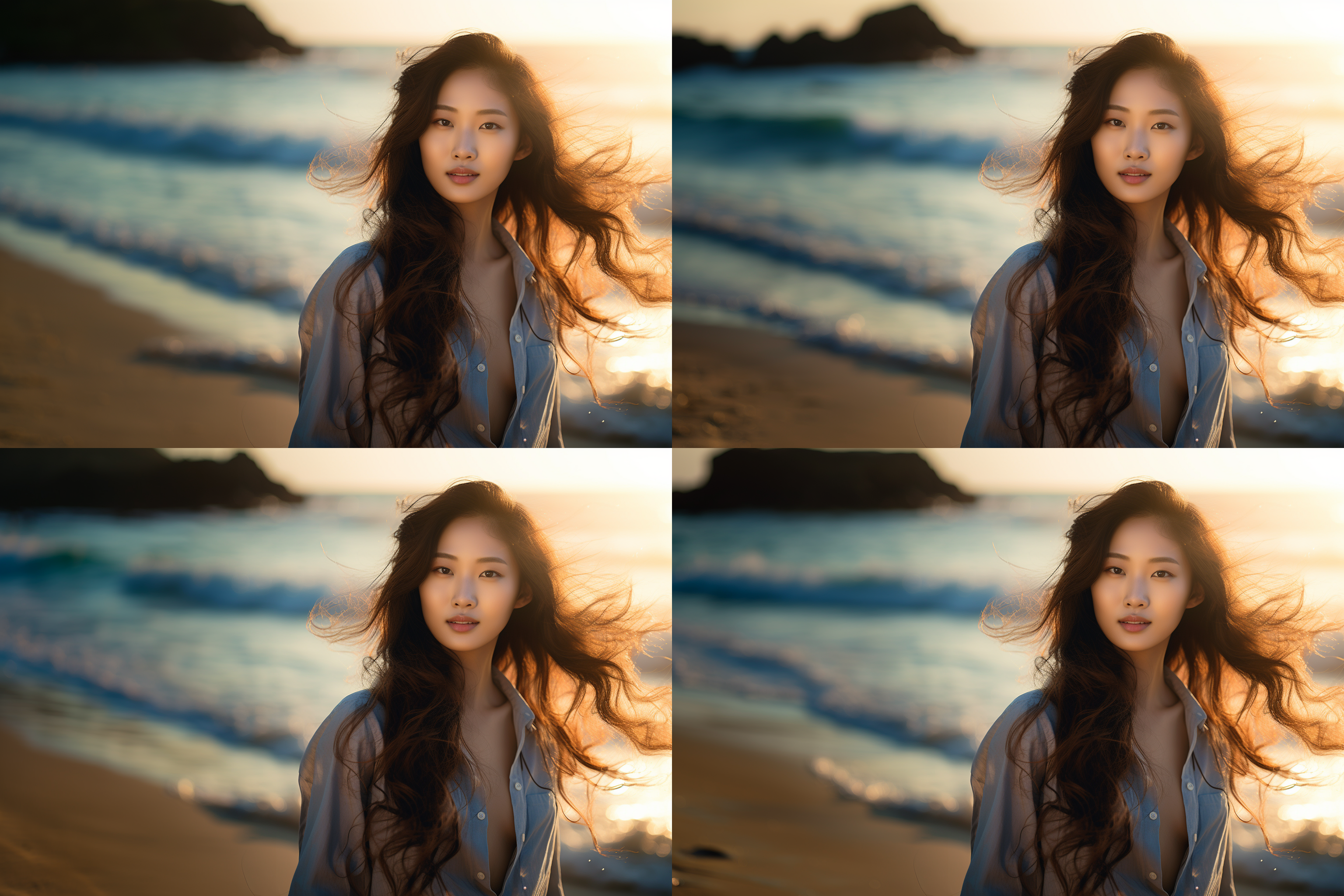 亚洲少女，站在沙滩上，逆光拍摄，远处有海浪拍打岸边，她微笑着向镜头看。画面明亮，色彩鲜艳，风格轻快，广角镜头，柔和光线，自然动作，青春活力，宁静愉悦。