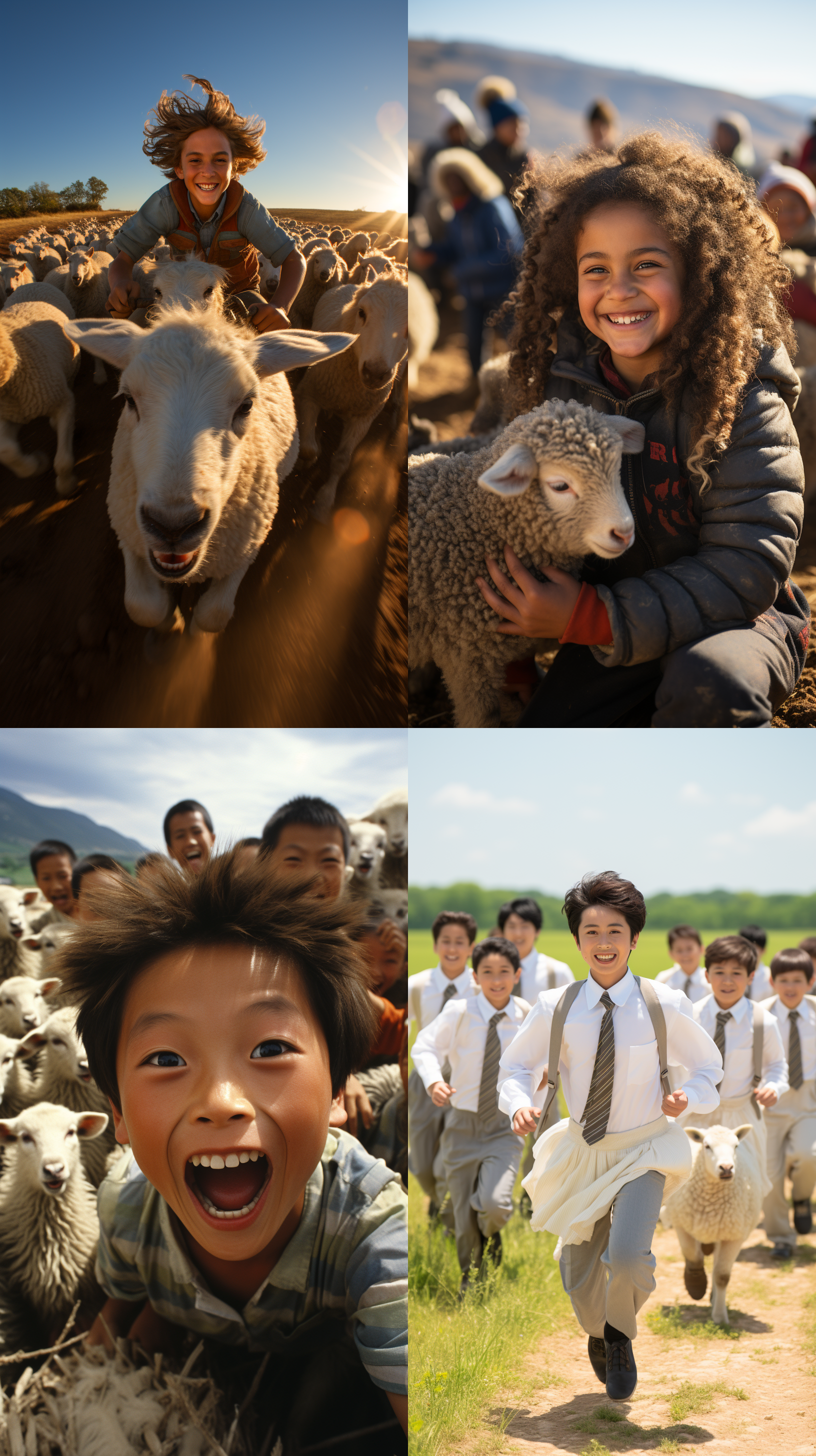 牧场上，一群快乐的中国孩子与绵羊一起玩耍。照片以对角线布局为主，展示了广阔的牧场环境。使用广角镜头捕捉到了整个场景，呈现出自然、宽广的视野。光线柔和，给人温暖的感觉。孩子们笑容灿烂，与羊群互动，传递着快乐和纯真的情感。 摄影纪实 大草原 全身 全景 远景透视 天蓝 明亮的 草原景观 摄影纪实 大草原 全身 全景 远景透视 天蓝 明亮的 草原景观
