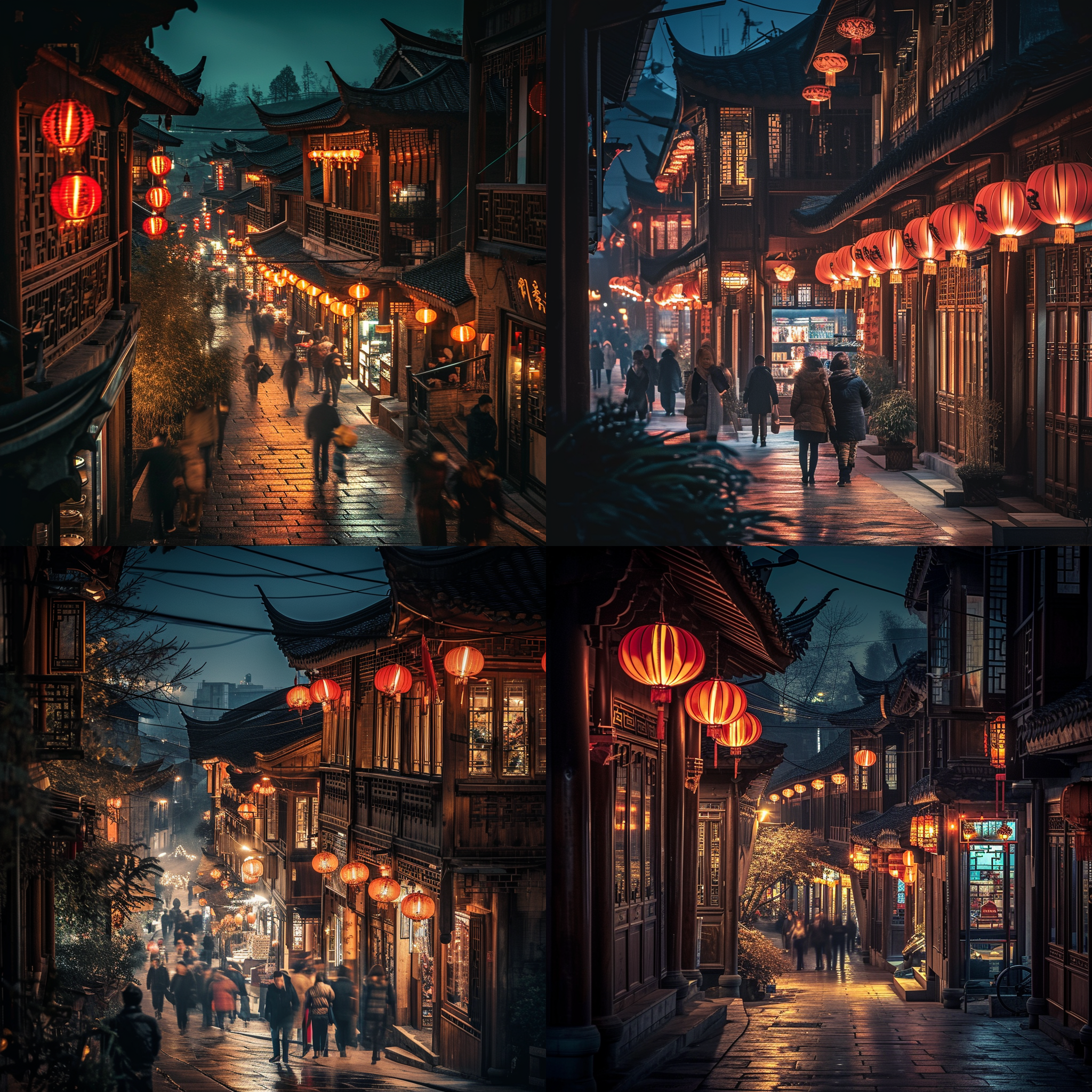 老街夜景，古典木质建筑，红色灯笼，夜晚，夜间摄影，长曝光，窄景角，明亮灯光，街道拥挤，流动的人群，繁忙，温馨，传统，文化。