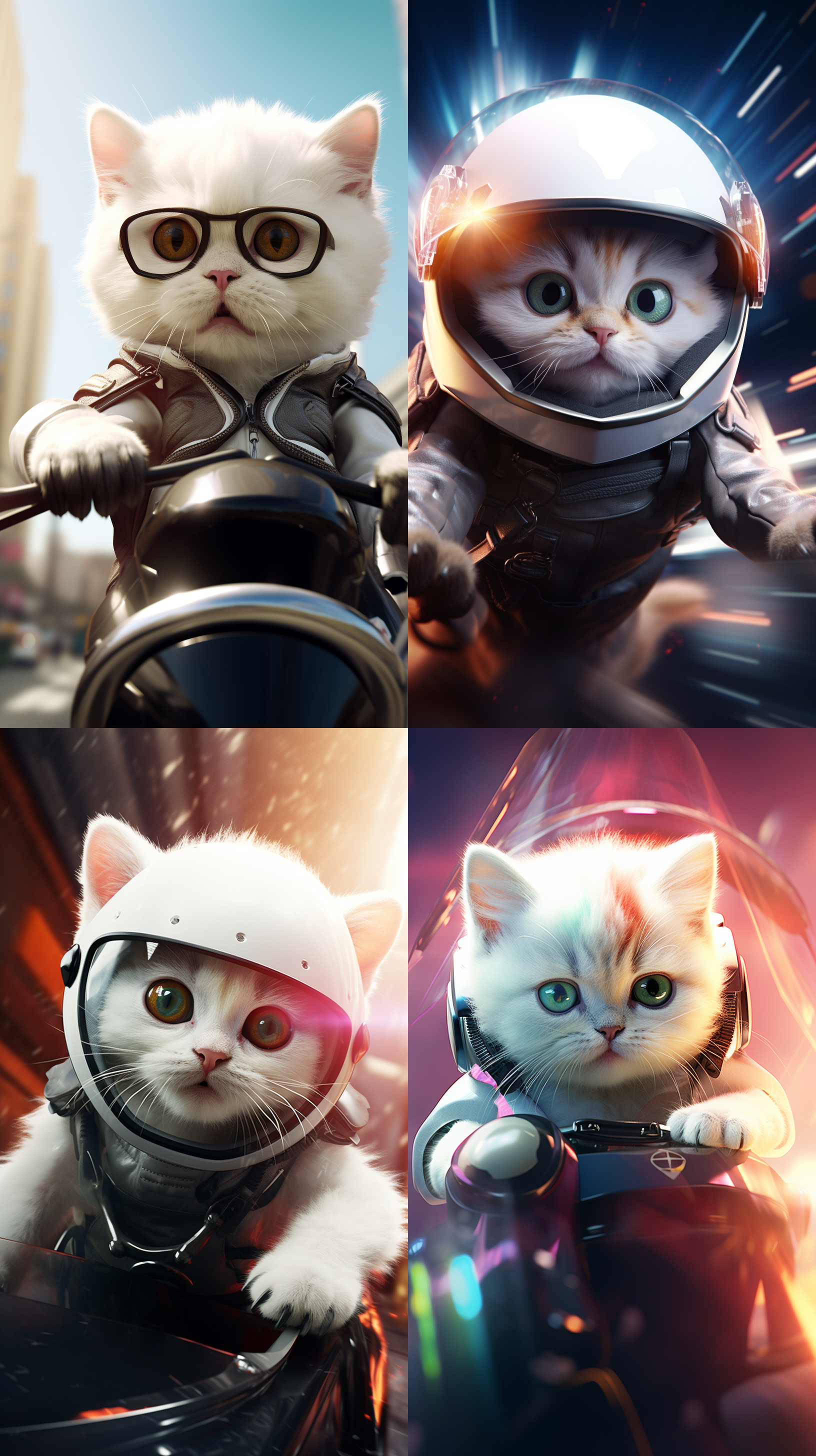 白色小猫戴着头盔和护目镜骑着摩托车，头上戴着头盔，电影照片，库存照片，艾轩，立体未来主义，动作迅猛，逆光拍摄，广角镜头，鲜艳色彩，活力四溢，快速快门，欢乐。