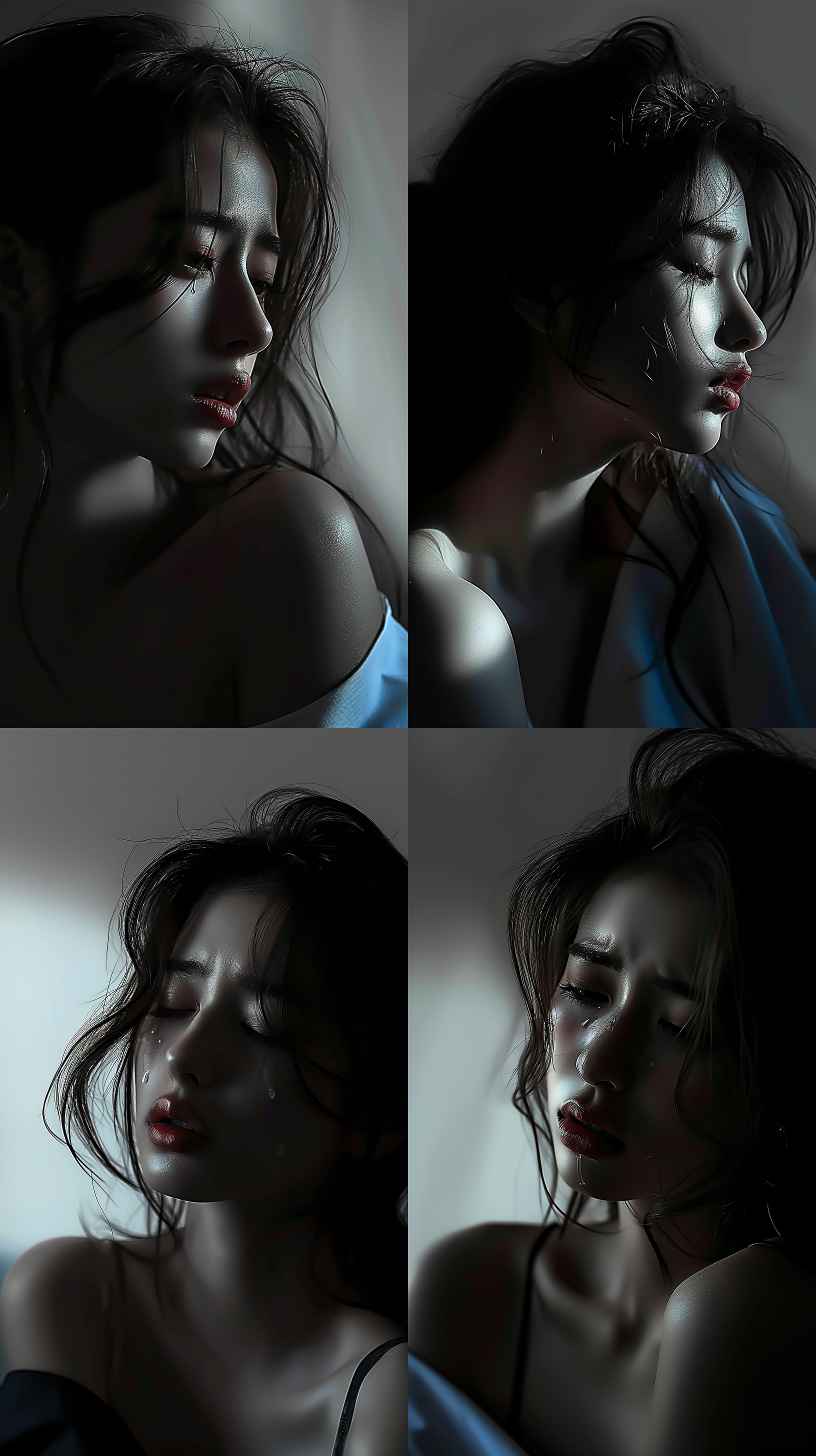 美丽的女孩流泪，五官非常精致，明星脸，纯净白色背景，柔和光线照射，长焦镜头，高清晰度，细腻的情感表达，泪水滑落，悲伤，忧郁，黑白摄影风格，明暗对比强烈。