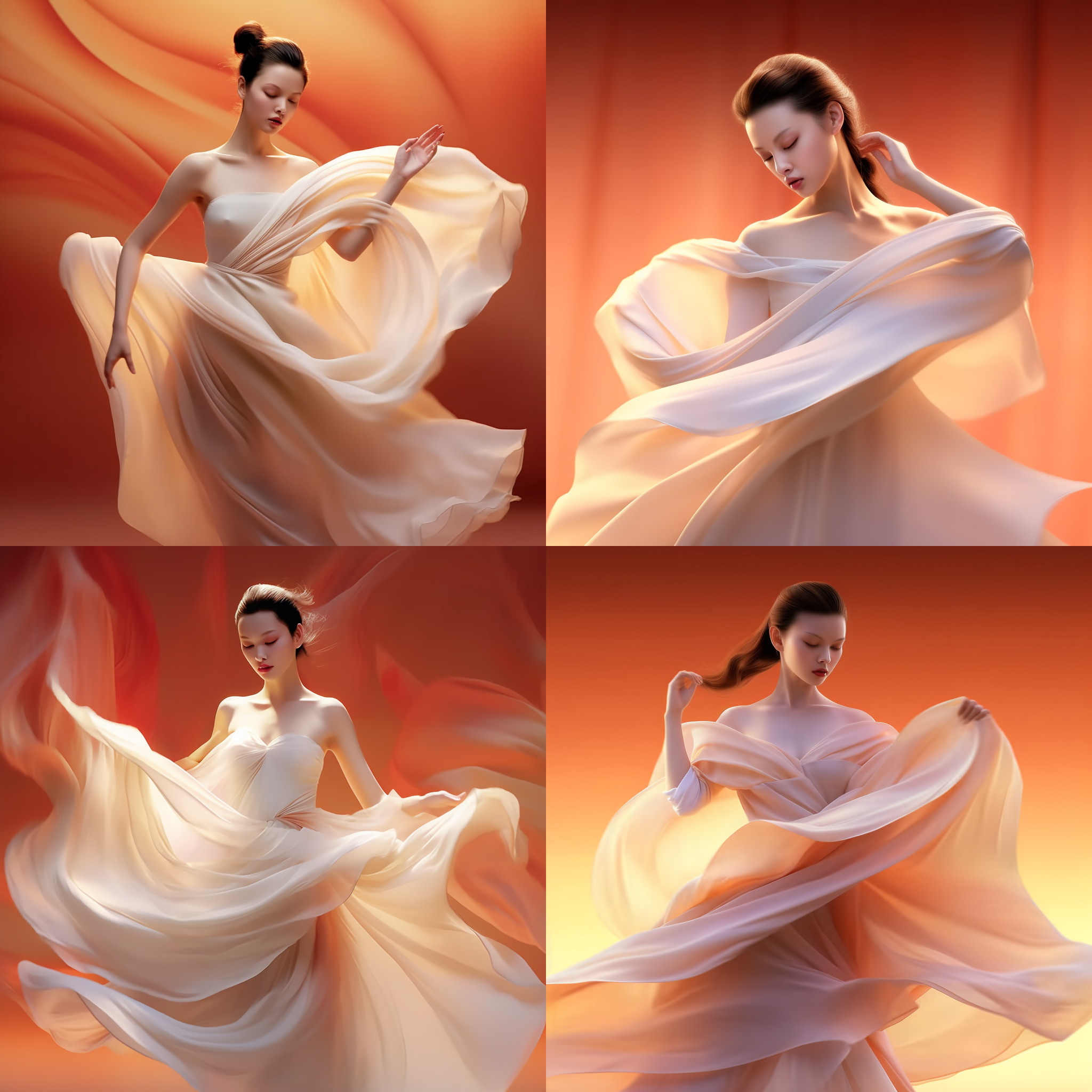 优雅中国女性，柔软飘逸裙子，淡橙色背景，流动舞蹈动作，优美身姿，流畅线条，细腻纹理，柔和色调，侧光，浅景深，迷人眼神，优雅姿态，充满魅力。