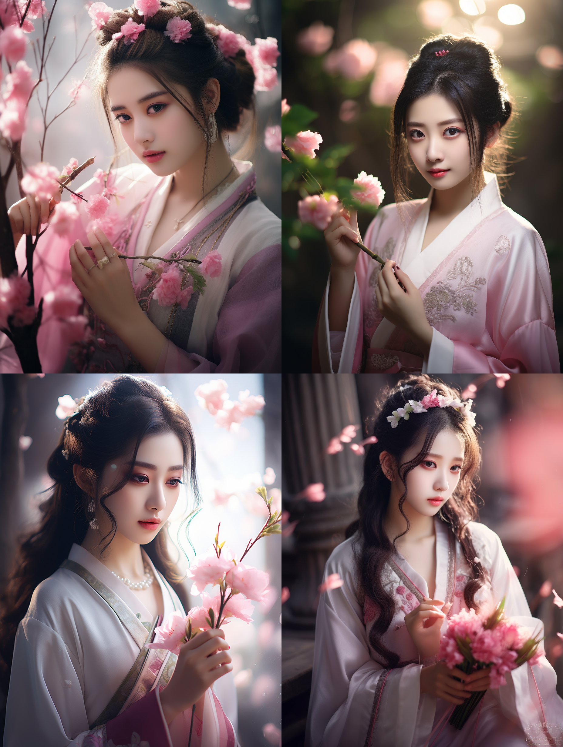 粉色主题，白色辅助，美丽少女汉服舞蹈，手捧鲜花等待，美丽脸庞带点忧伤，32k高清，浪漫，优美丽雅，光线柔和，特写镜头，动作流畅，喜悦