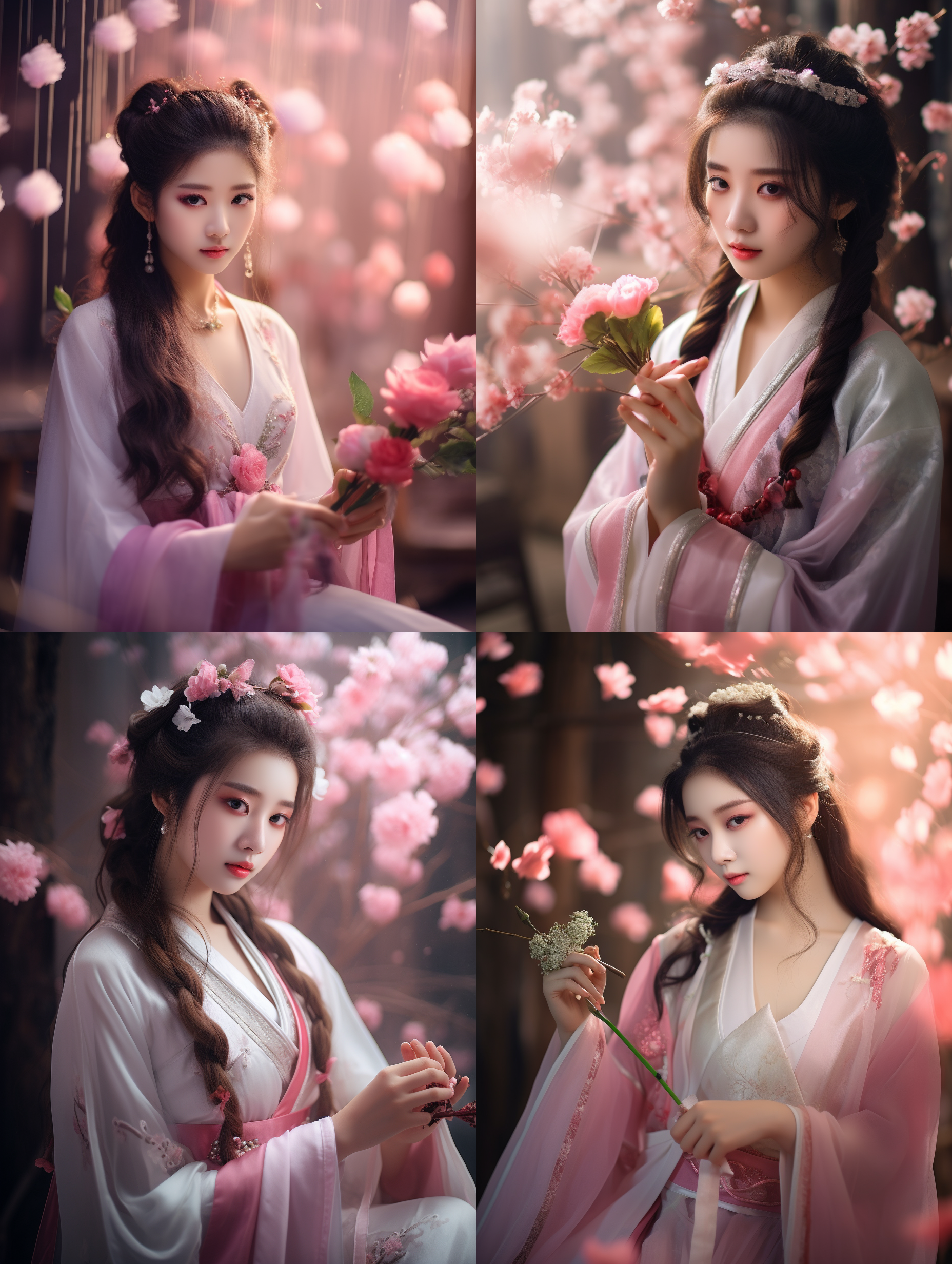 粉色主题，白色辅助，美丽少女汉服舞蹈，手捧鲜花等待，美丽脸庞带点忧伤，32k高清，浪漫，优美丽雅，光线柔和，特写镜头，动作流畅，喜悦