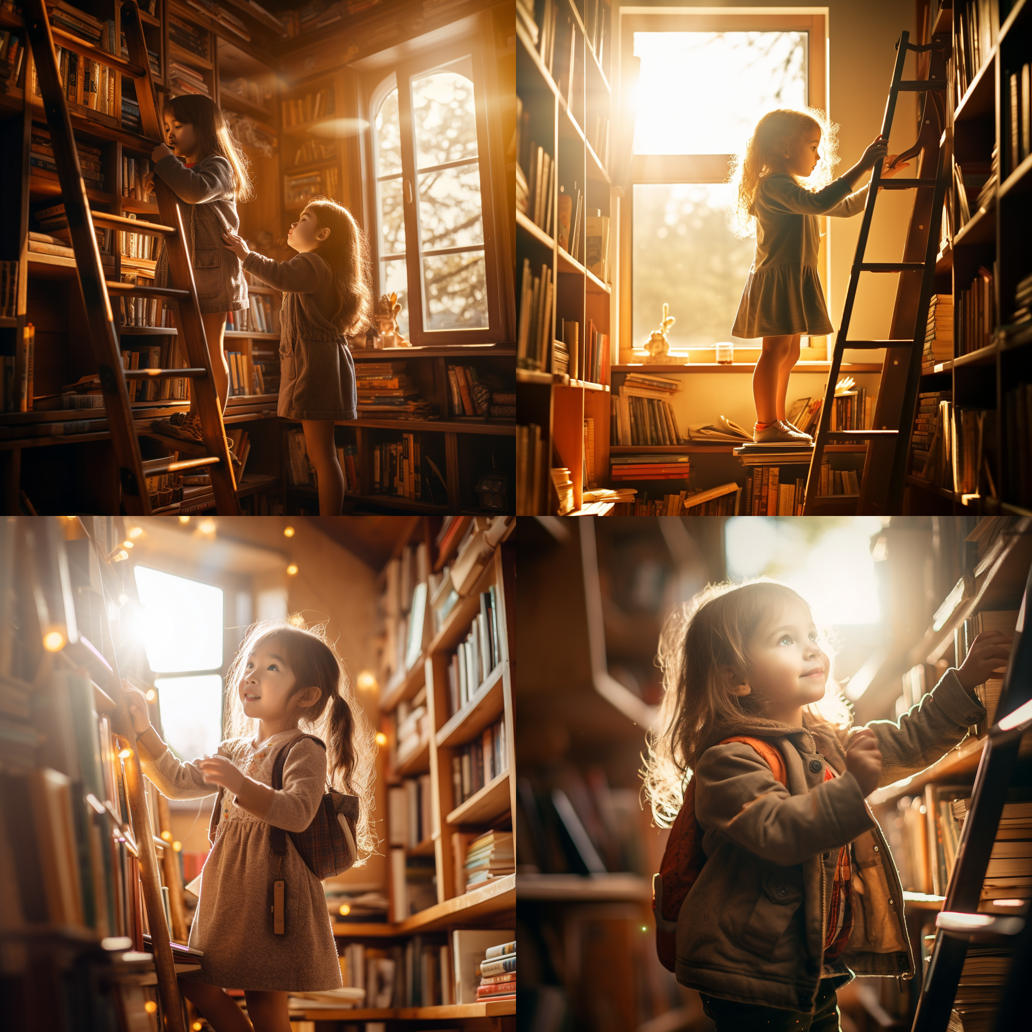 萌萌的小女孩在图书馆看书，个子不高够不到书，她站在梯子上伸手够书，背后是书架的壮观景象，阳光透过窗户照在她身上，形成柔和的侧光，将她的笑容和专注表情照亮。温暖的色调增强了安静和舒适感，广角镜头捕捉到整个场景，给人一种宽广和开放的感觉。专注、可爱、探索、充满希望。色彩要鲜艳的靓丽的。