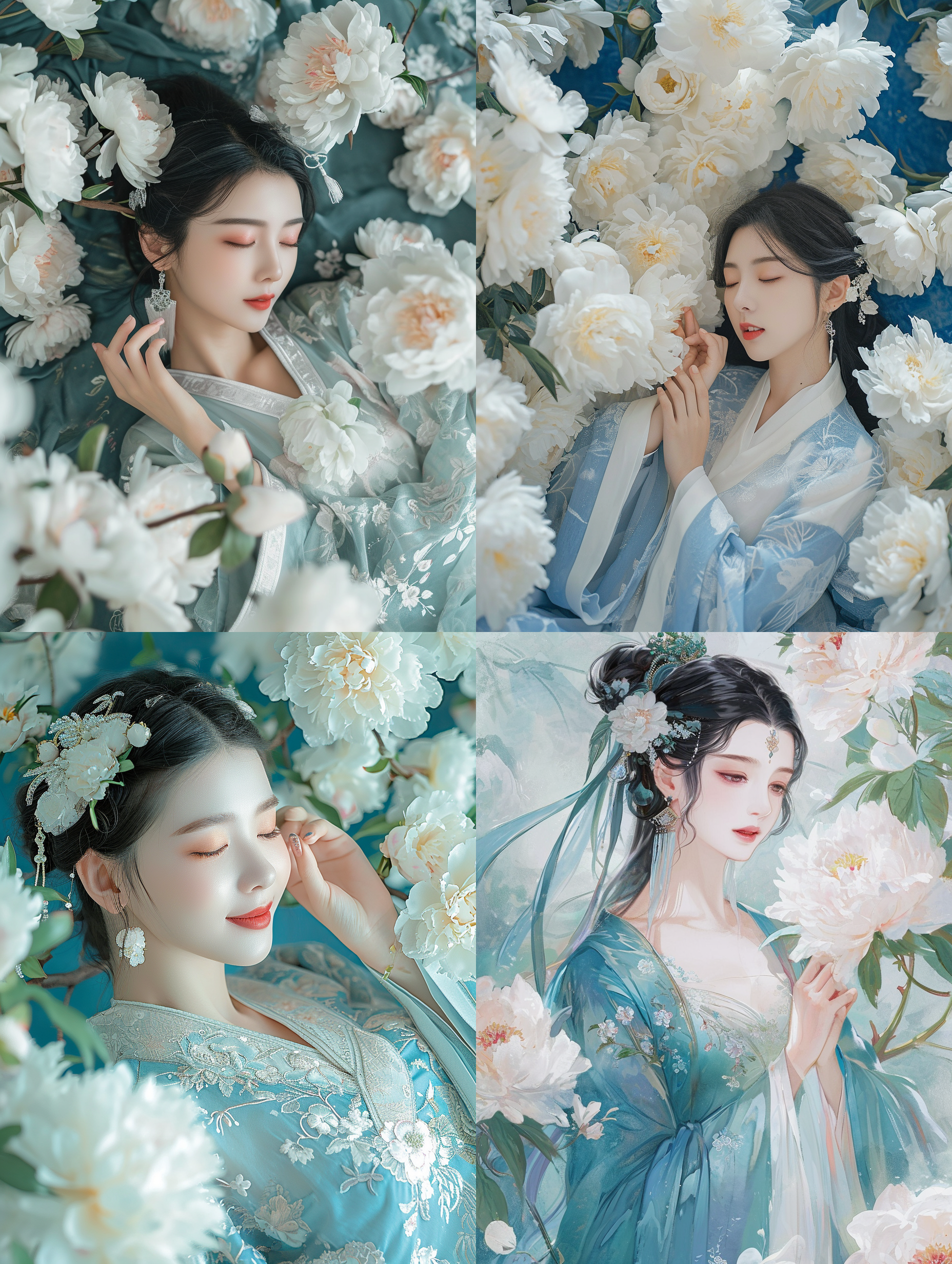 女孩穿汉服，湖蓝和象牙白色调，俯瞰视角，背景是牡丹花绘画。微笑，温柔触摸花朵，优雅宁静，仙境感。