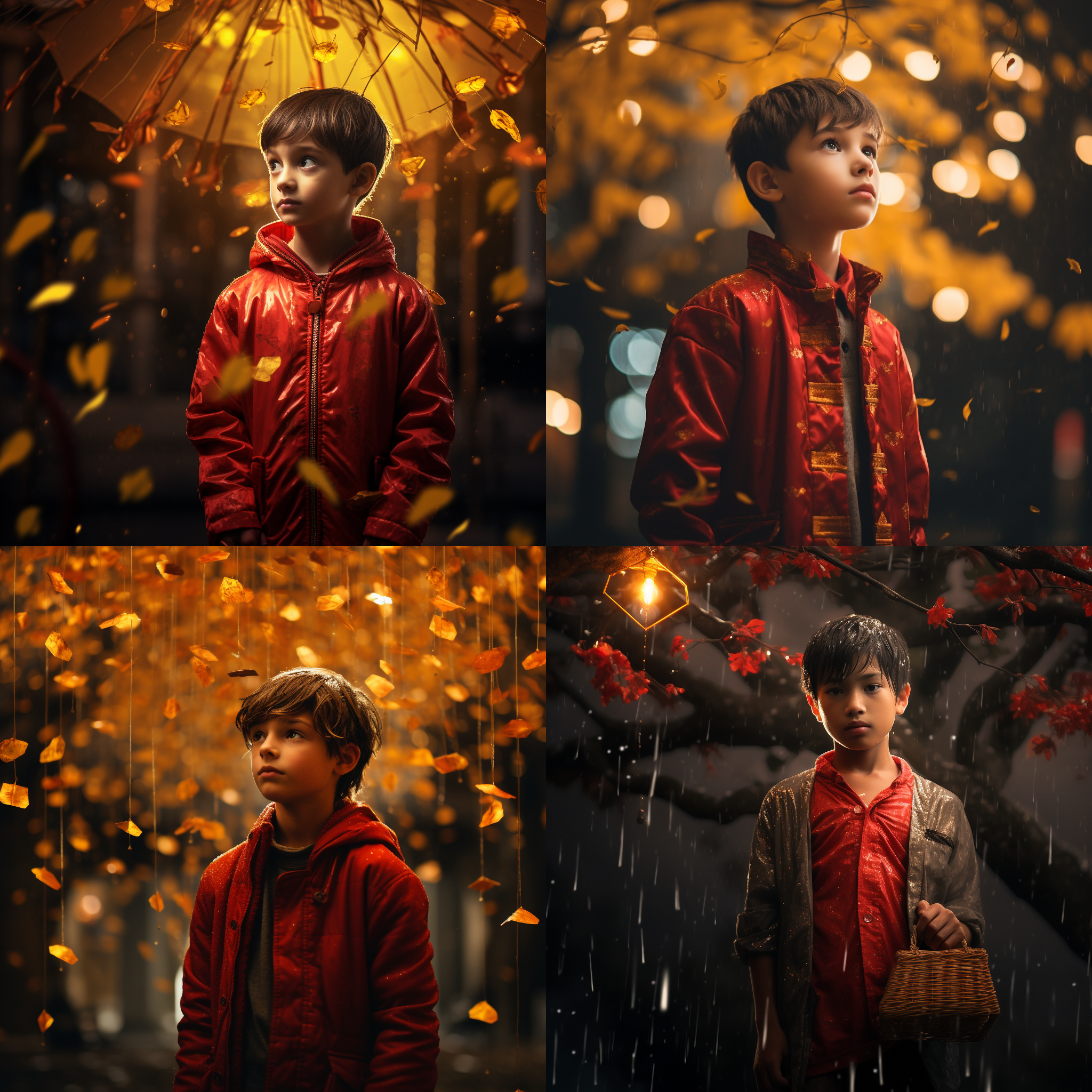 男孩子站在户外，身后是一棵高大的发财树，红包雨从天空中洒落，金币闪耀。构图对称，环境光线明亮，使用长焦镜头拍摄，活力四射，喜庆氛围，鲜艳的颜色，喜悦和期待的情绪。