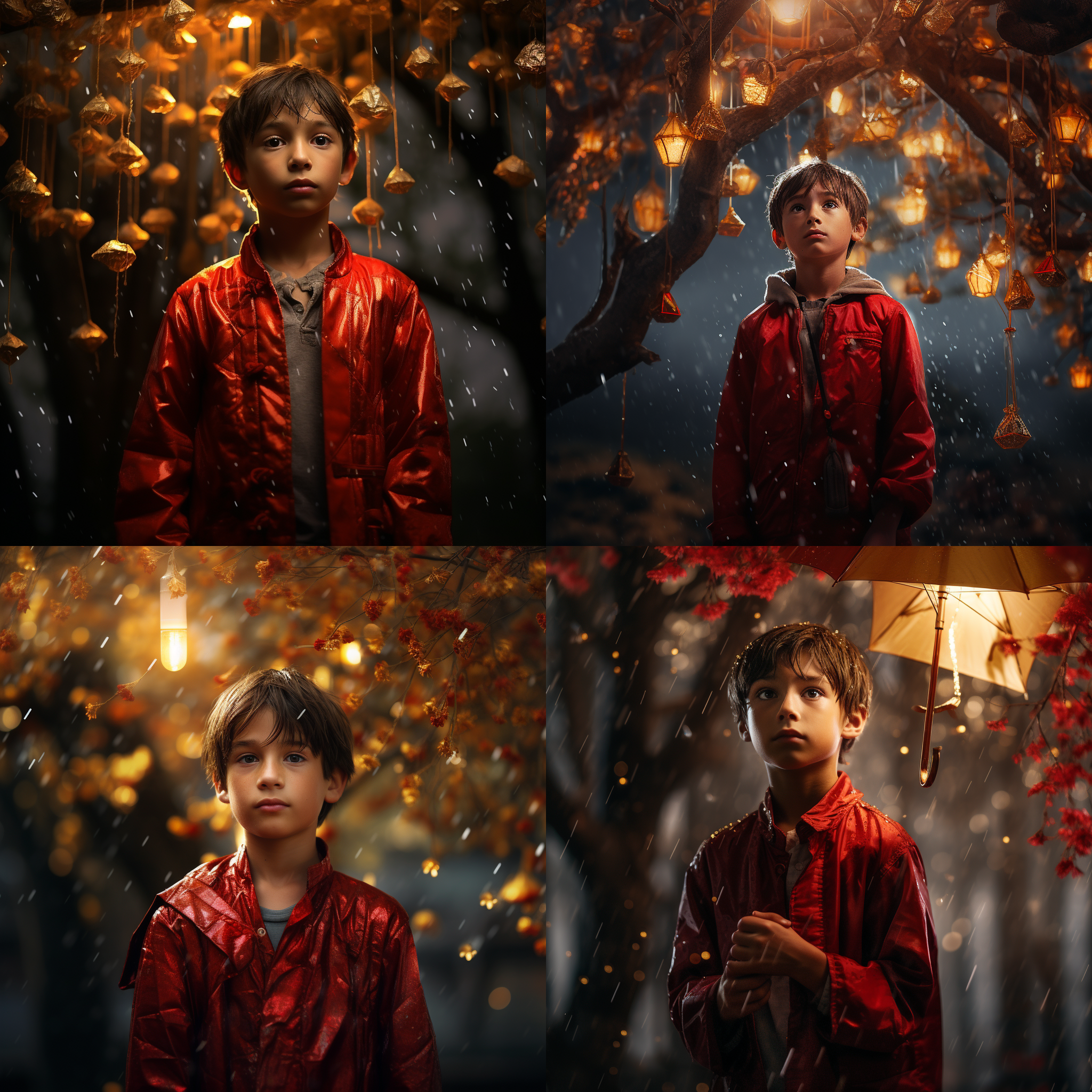 男孩子站在户外，身后是一棵高大的发财树，红包雨从天空中洒落，金币闪耀。构图对称，环境光线明亮，使用长焦镜头拍摄，活力四射，喜庆氛围，鲜艳的颜色，喜悦和期待的情绪。