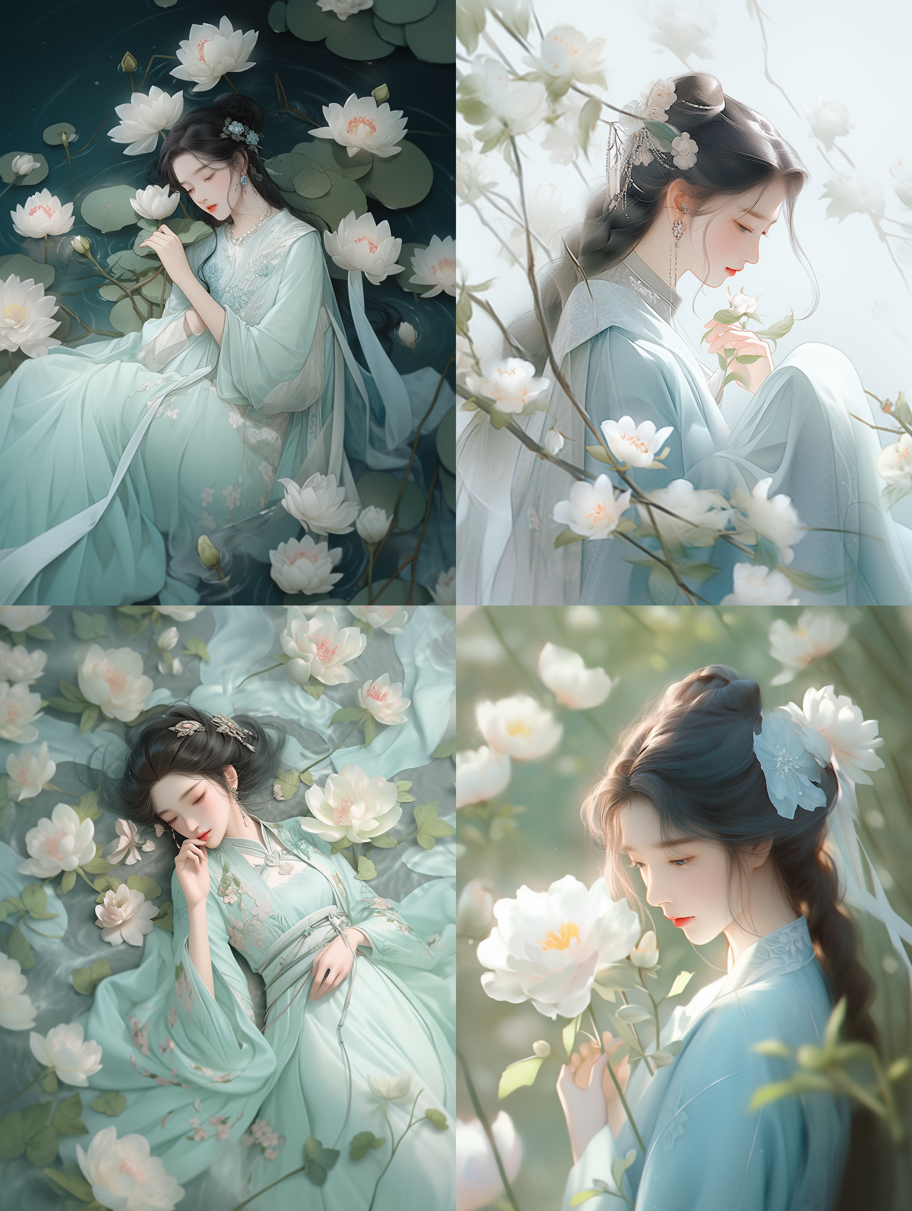 女孩穿汉服，湖蓝和象牙白色调，俯瞰视角，背景是牡丹花绘画。微笑，温柔触摸花朵，优雅宁静，仙境感。汉服风格，精致细节，大光圈，柔光灯，浅景深，自然光线，静态动作，柔和色彩，恬静情感。