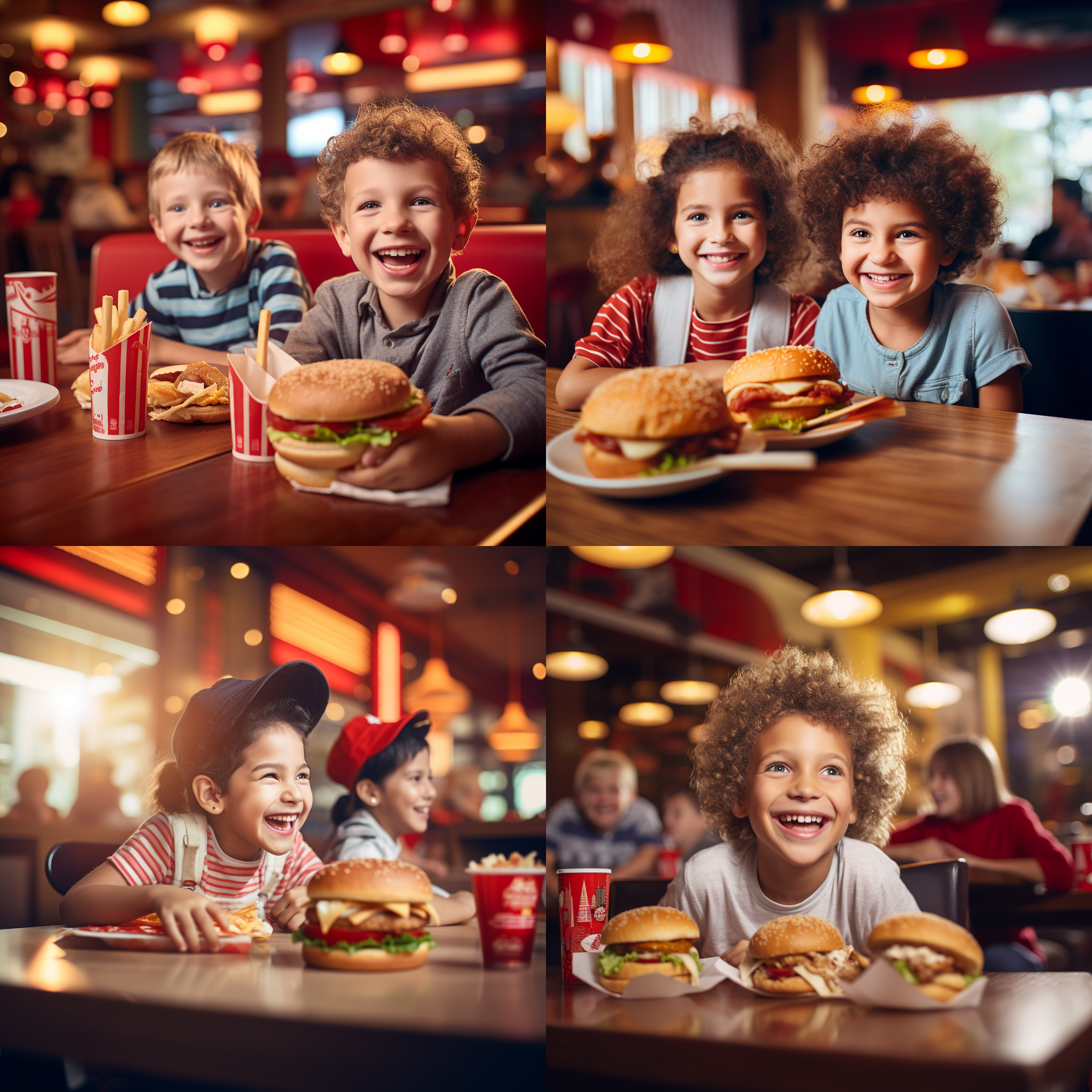 肯德基汉堡包，萌娃再吃，餐馆内景，明亮色调，标准镜头，正面构图，自然光线，微笑表情，食物美味，童真快乐，温馨。