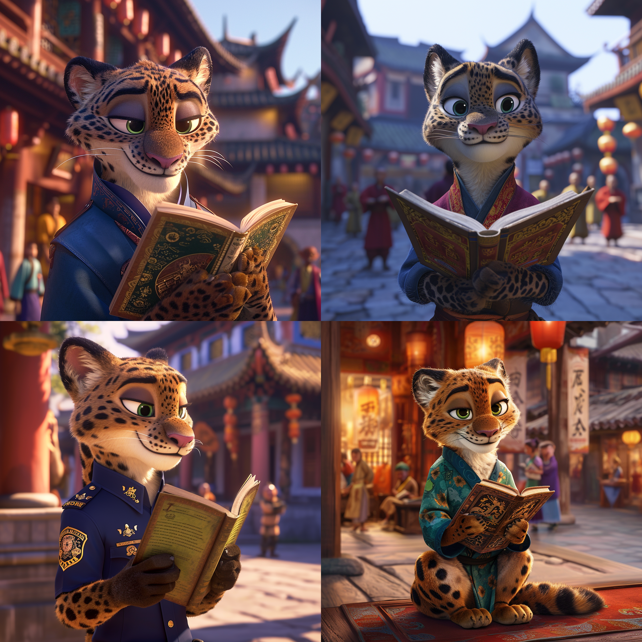 疯狂动物城的豹子警官在少林寺门前专注阅读，几个练功小和尚，彩色照片，虚拟人物画，温馨氛围，柔和光线，注视着书本，镜头聚焦，细节清晰，色彩鲜艳，可爱。