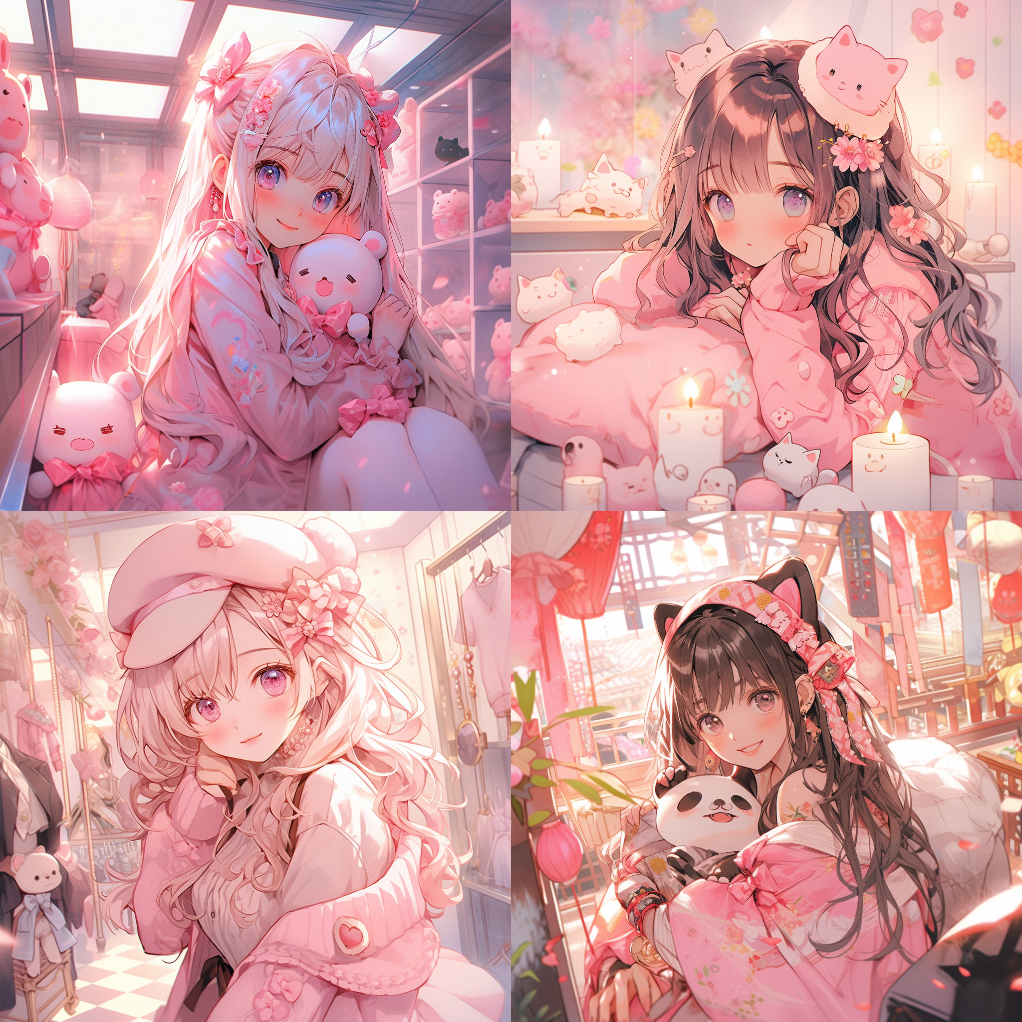 二次元女孩，柔和光线，抓拍风格，室内环境，色彩鲜艳，细节丰富，广角镜头，甜美微笑，粉嫩氛围，与小动物互动，温馨快乐，自然肖像。