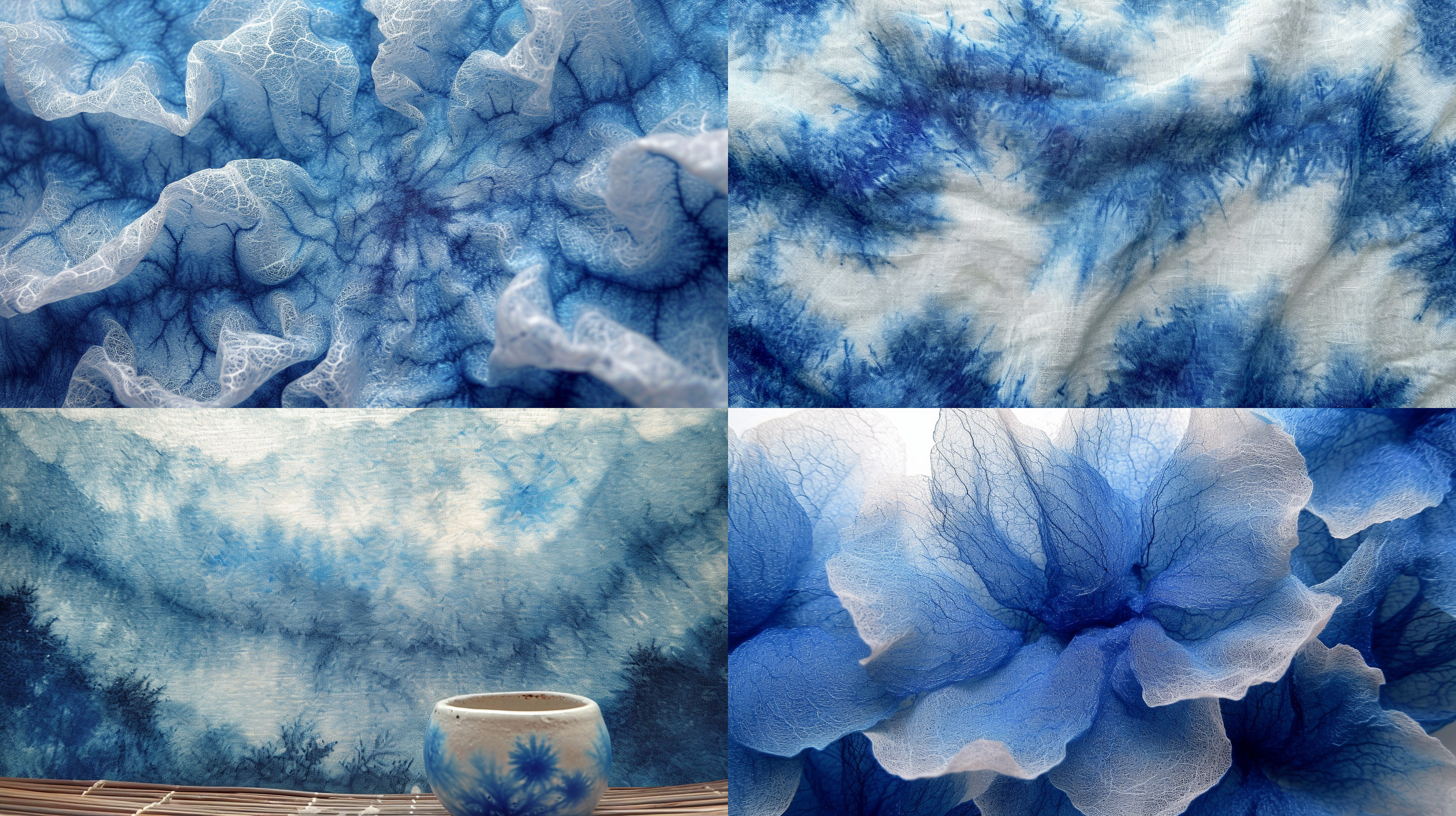 扎染效果，粽子形状，细节丰富，扁平风格，柔和光线，自然元素，蓝白色调，意境美。