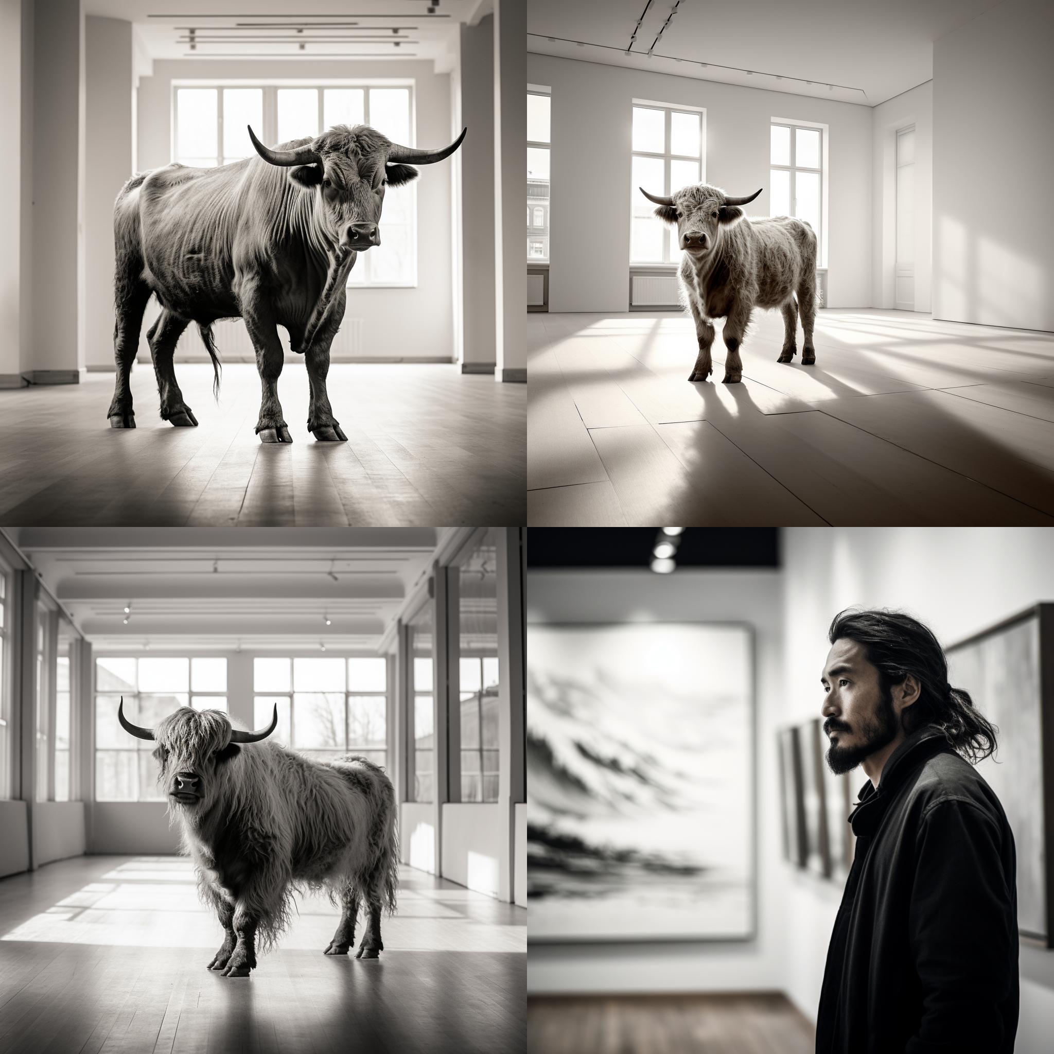 牛牛在展画空间里，静静地站着。画廊的白墙与木质地板形成对比，给人宁静和温暖的感觉。透过大窗户射进来的光线照亮了牛牛的毛发，展现出细腻的纹理。牛牛微微低头，眼神中透露出一丝好奇与沉思。黑白摄影，中焦镜头，柔光，静态，自然色调，平衡。