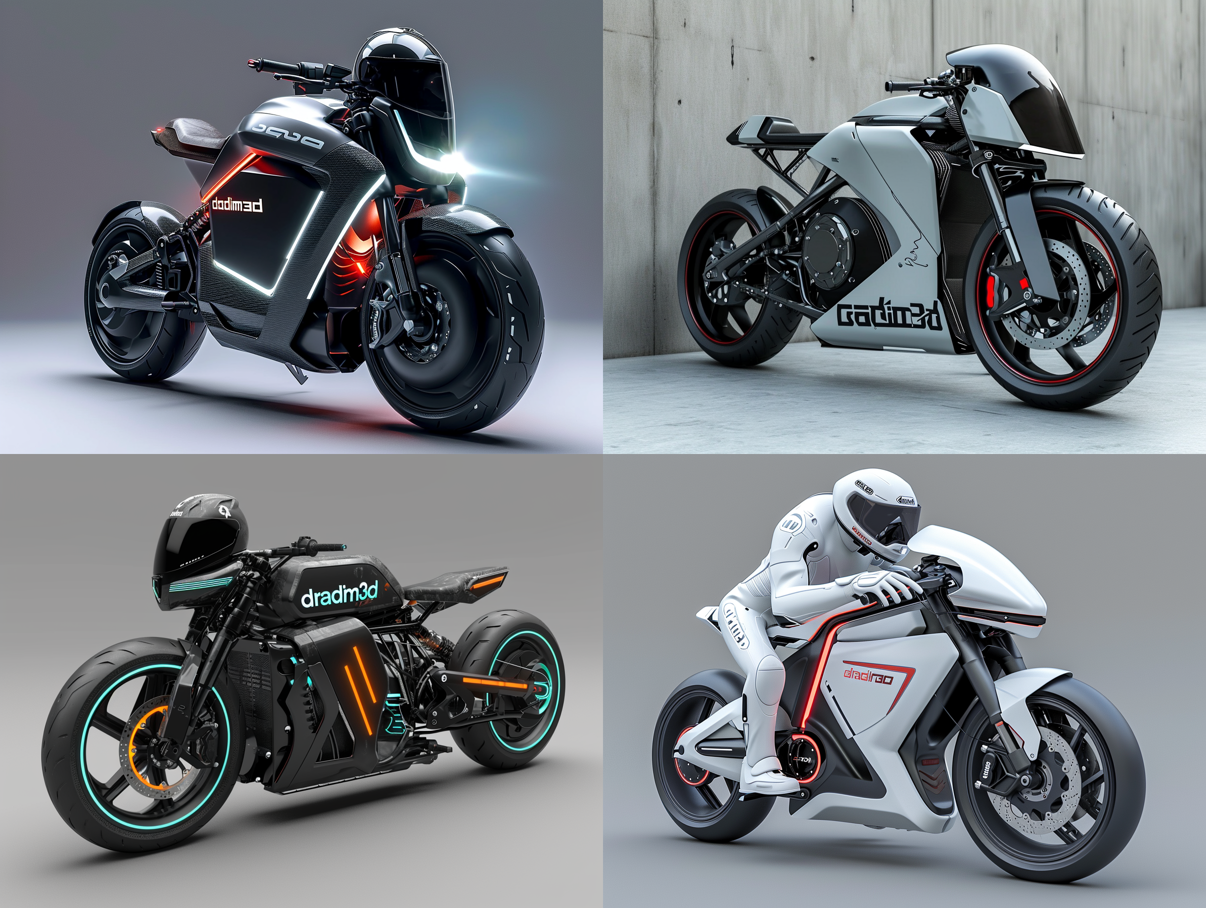 设计一款具有极具科技感和未来感的电动摩托，配套头盔，要有"dradim3d"logo标志，