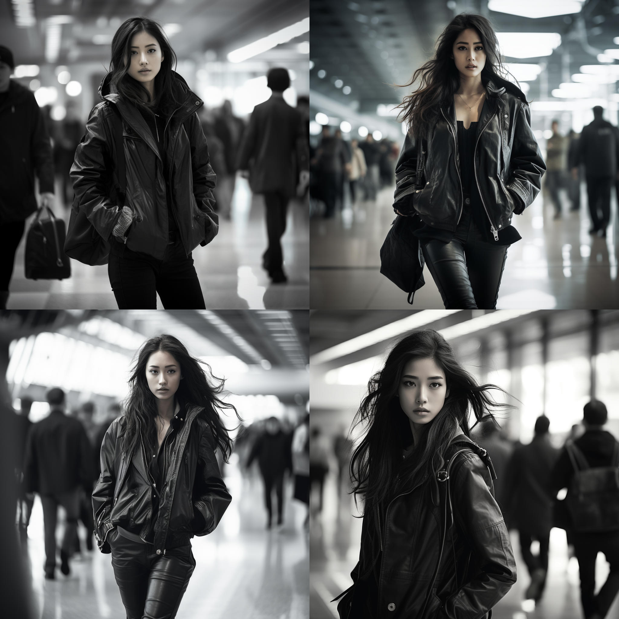 中国模特，在机场走秀，穿着皮革风衣和黑色靴子。画面中央是模特的全身特写，背景是繁忙的机场大厅。构图对称，高清晰度，明亮的灯光，长焦镜头，自信的表情，动感的姿态，时尚气息浓厚，黑白色调，充满活力。