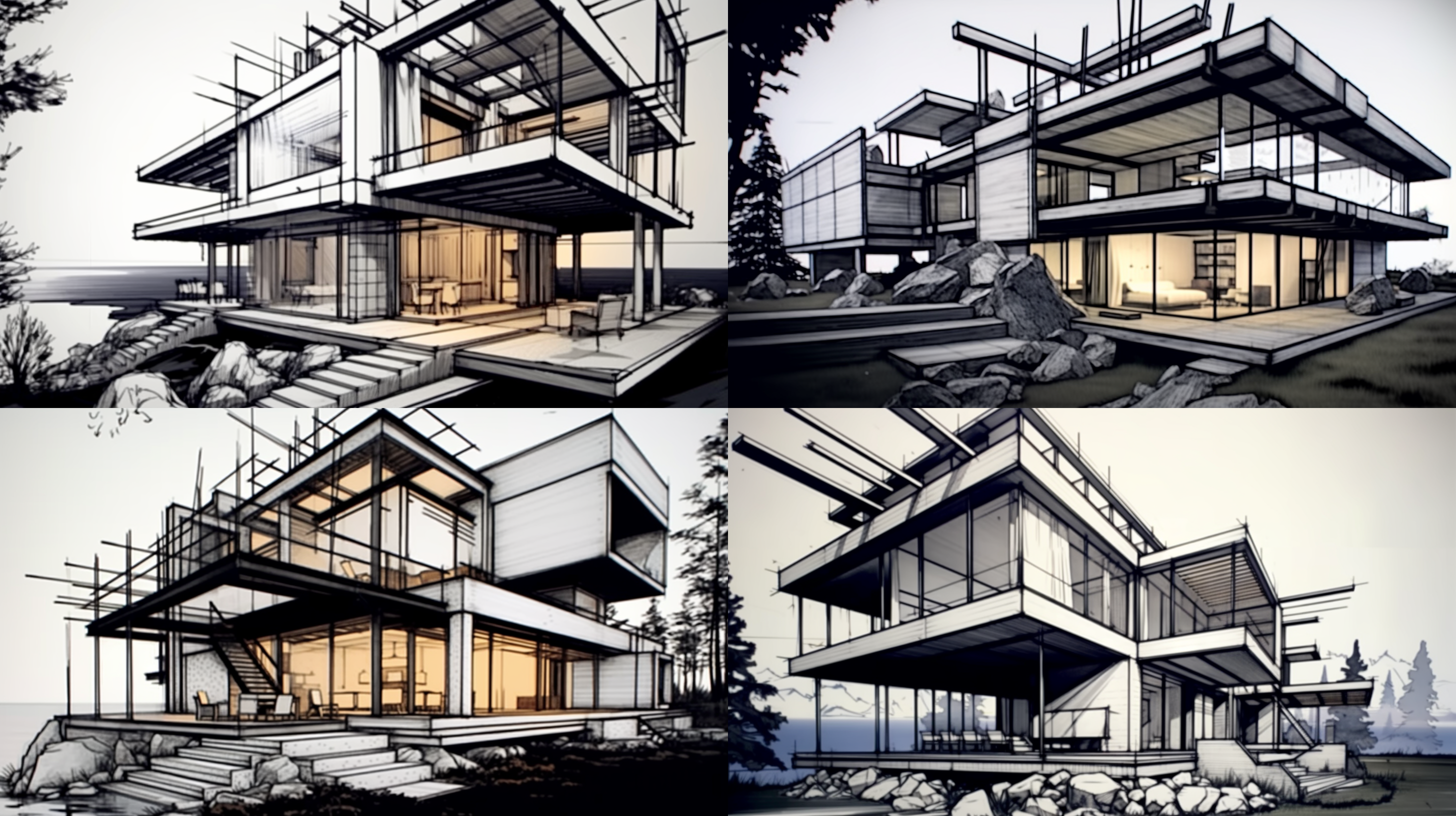 民宿设计，金属结构，石材外墙，大面积玻璃门窗，湖光山色的背景，黄昏夜景，有层次的暖色灯光。现代风格，宽广视角，长曝光，细节丰富，迷人的光影效果，温馨舒适，自然与现代的完美融合，给人平静和宁静的感觉。