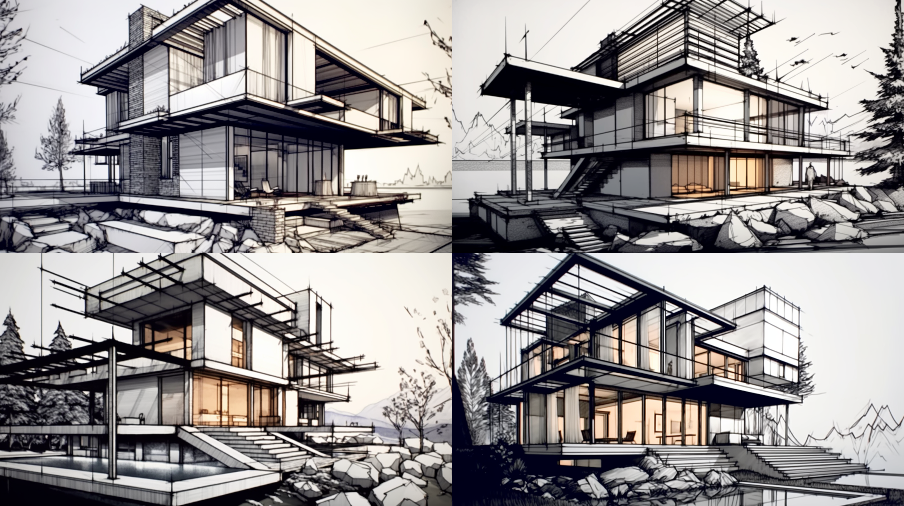 参照线稿图，民宿设计，实景效果，金属结构，石材外墙，大面积玻璃门窗，湖光山色的背景，黄昏夜景，有层次的暖色灯光。现代风格，宽广视角，长曝光，细节丰富，迷人的光影效果，温馨舒适，自然与现代的完美融合，给人平静和宁静的感觉。