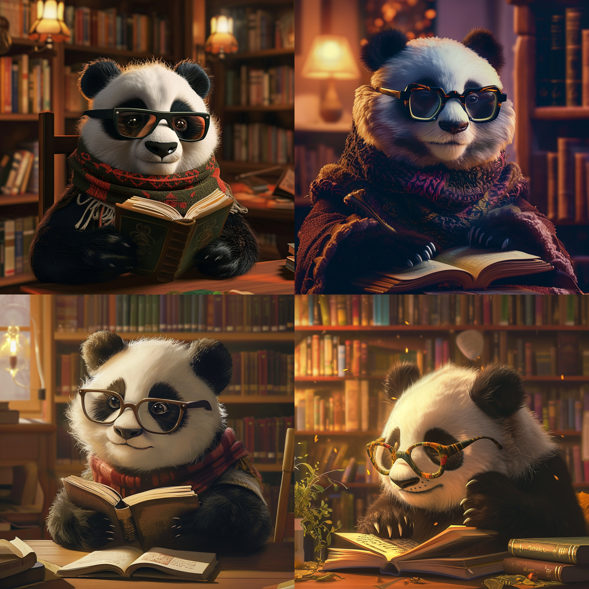 戴眼镜的大熊猫在图书馆专注阅读，彩色照片，虚拟人物画，温馨氛围，柔和光线，注视着书本，镜头聚焦，细节清晰，色彩鲜艳，可爱。