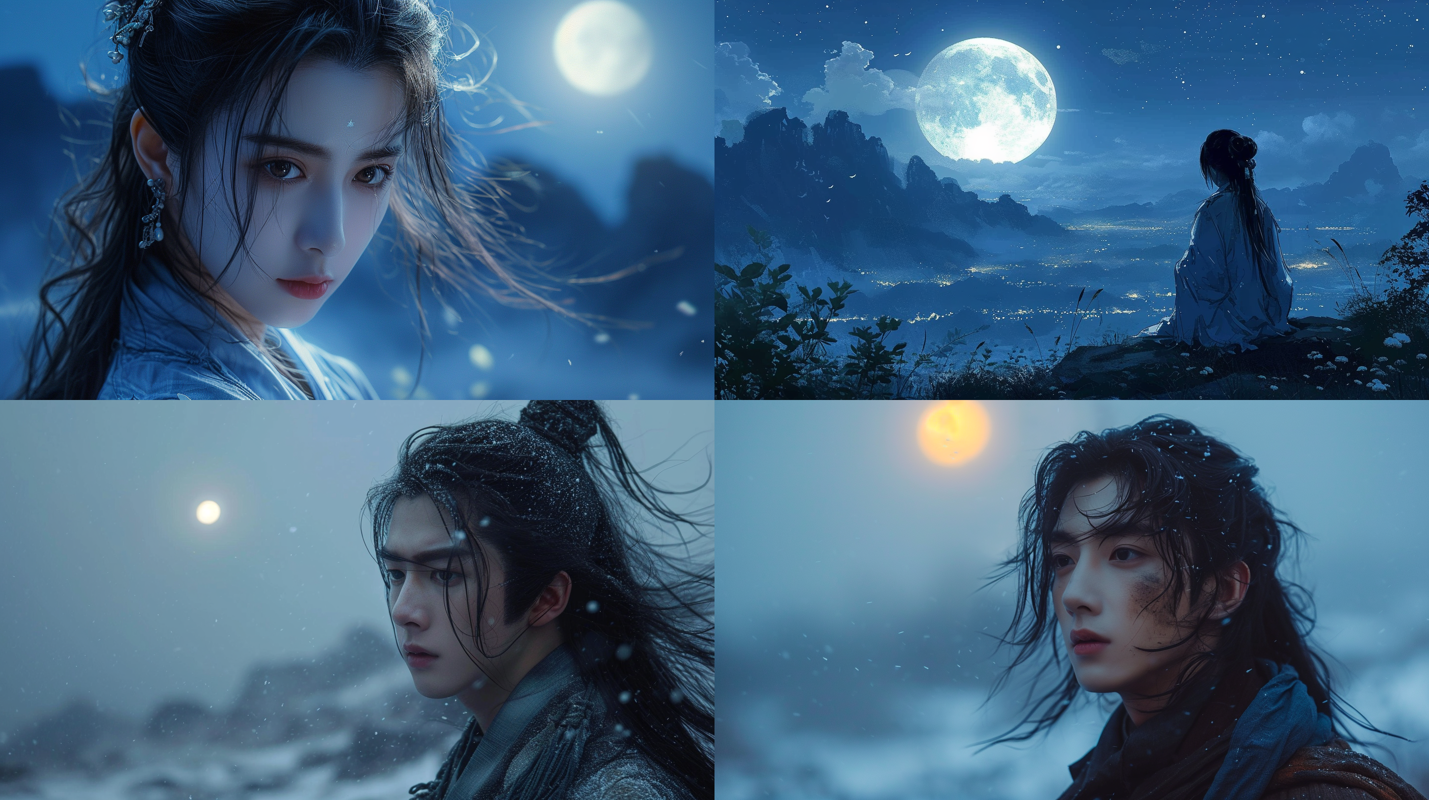 月明，清风拂面，寂寞的空山中，一片桂香飘散。一位身影在月光下凝望远方，诗意盎然。环境素雅，构图对称，柔和的灯光照亮了他的面容。中国东方美学，镜头使用标准镜头，突出人物的细节，色调以暖色为主，表达离别的情感。