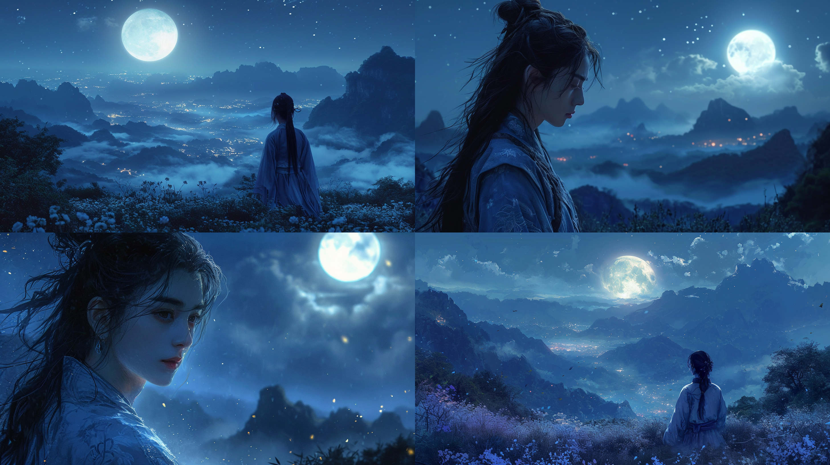 月明，清风拂面，寂寞的空山中，一片桂香飘散。一位身影在月光下凝望远方，诗意盎然。环境素雅，构图对称，柔和的灯光照亮了他的面容。中国东方美学，镜头使用标准镜头，突出人物的细节，色调以暖色为主，表达离别的情感。