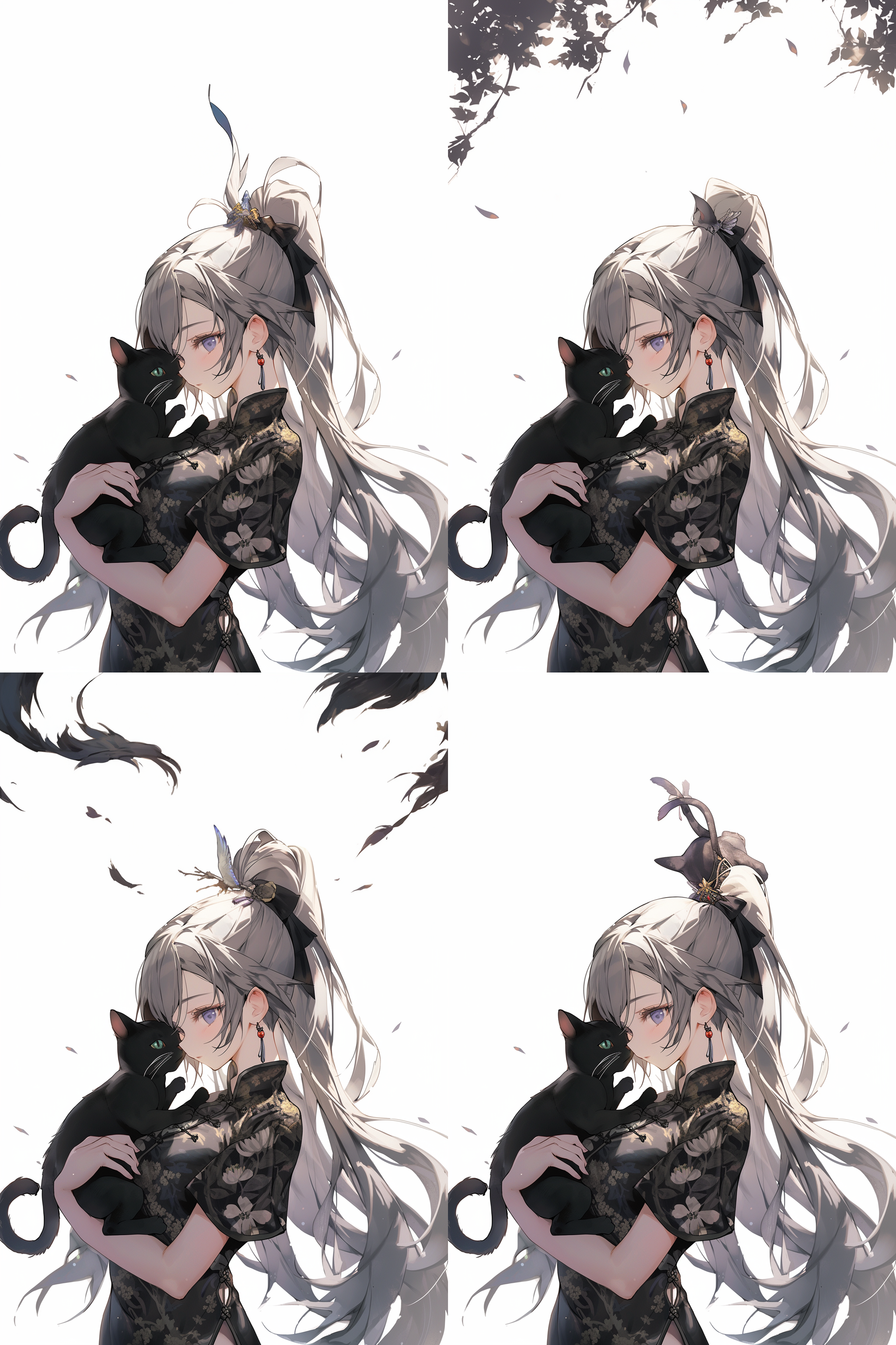 1000*500，黑猫，长发，旗袍，神秘，纯白色背景，完美角度