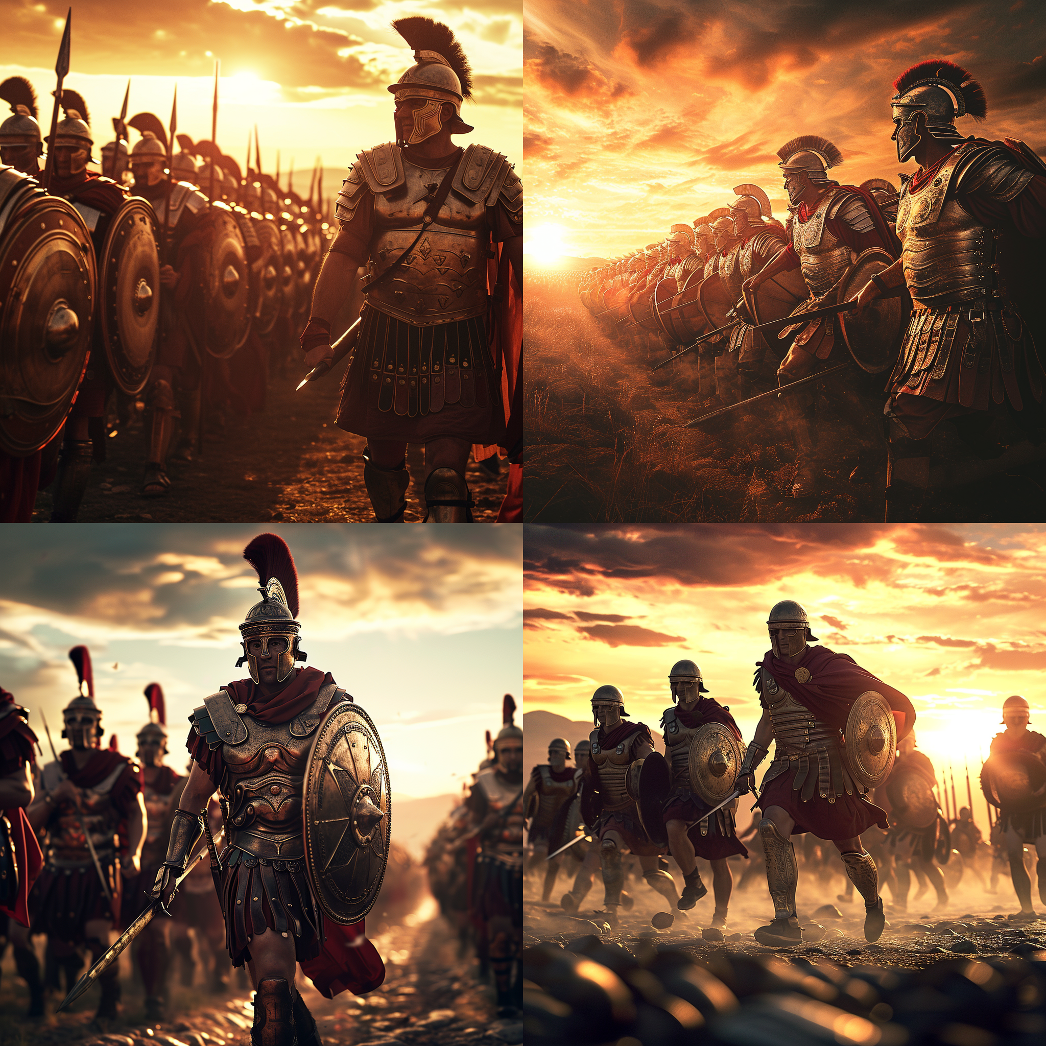 古罗马士兵冲锋陷阵，百夫长带领，踏着战士，夕阳照耀下，勇敢坚毅，宏伟壮丽，悲壮气氛，广角镜头，高对比度，战争场景，铠甲闪光，金黄色调，迅疾行动，战斗意志。