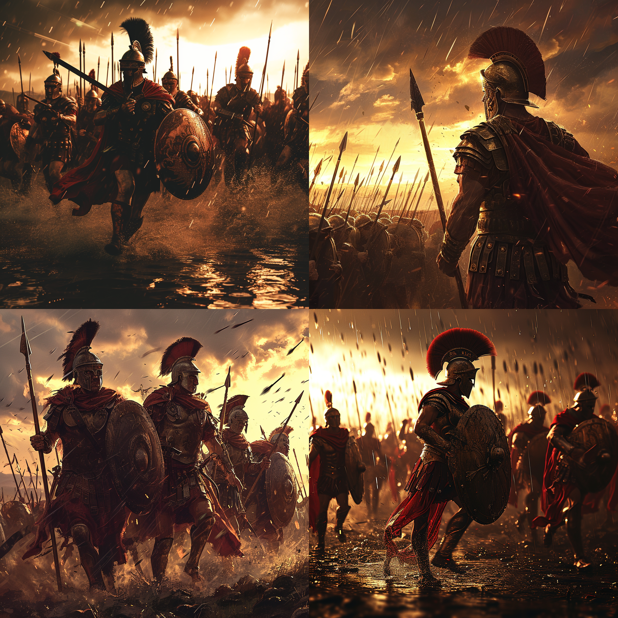 古罗马士兵冒着箭雨冲锋陷阵，百夫长带领，夕阳照耀下，勇敢坚毅，宏伟壮丽，悲壮气氛，广角镜头，高对比度，战争场景，铠甲闪光，金黄色调，迅疾行动，战斗意志。